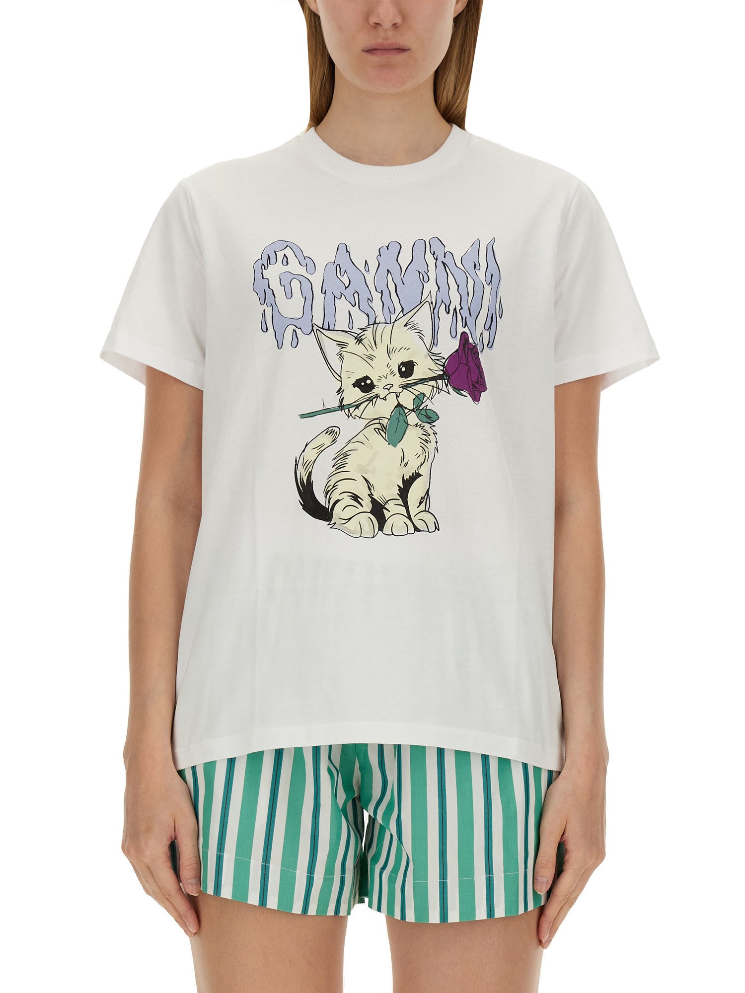 Shop Ganni T-shirt "cat" In White