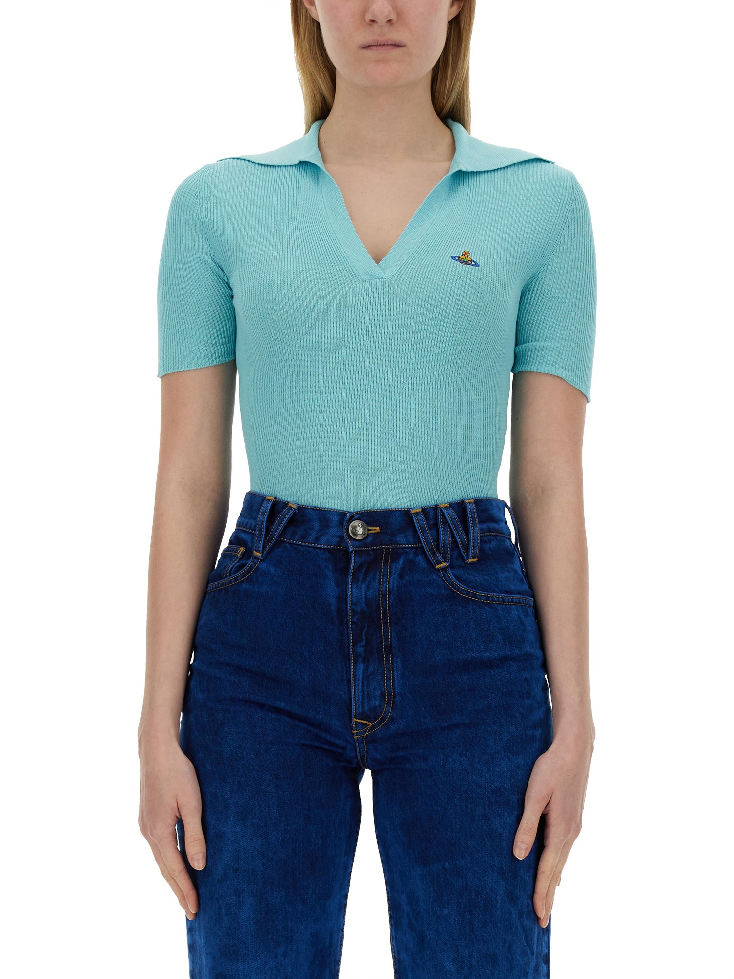VIVIENNE WESTWOOD トップス Marina ribbed-knit cotton 917727 Marina ribbed-knit cotton polo shirt in blue - Vivienne