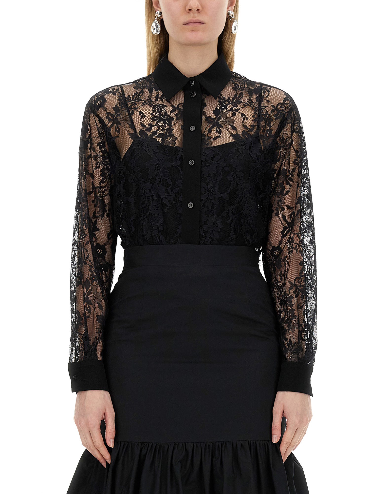 Moschino Black Lace Shirt With Intricate Floral Patterns In Black