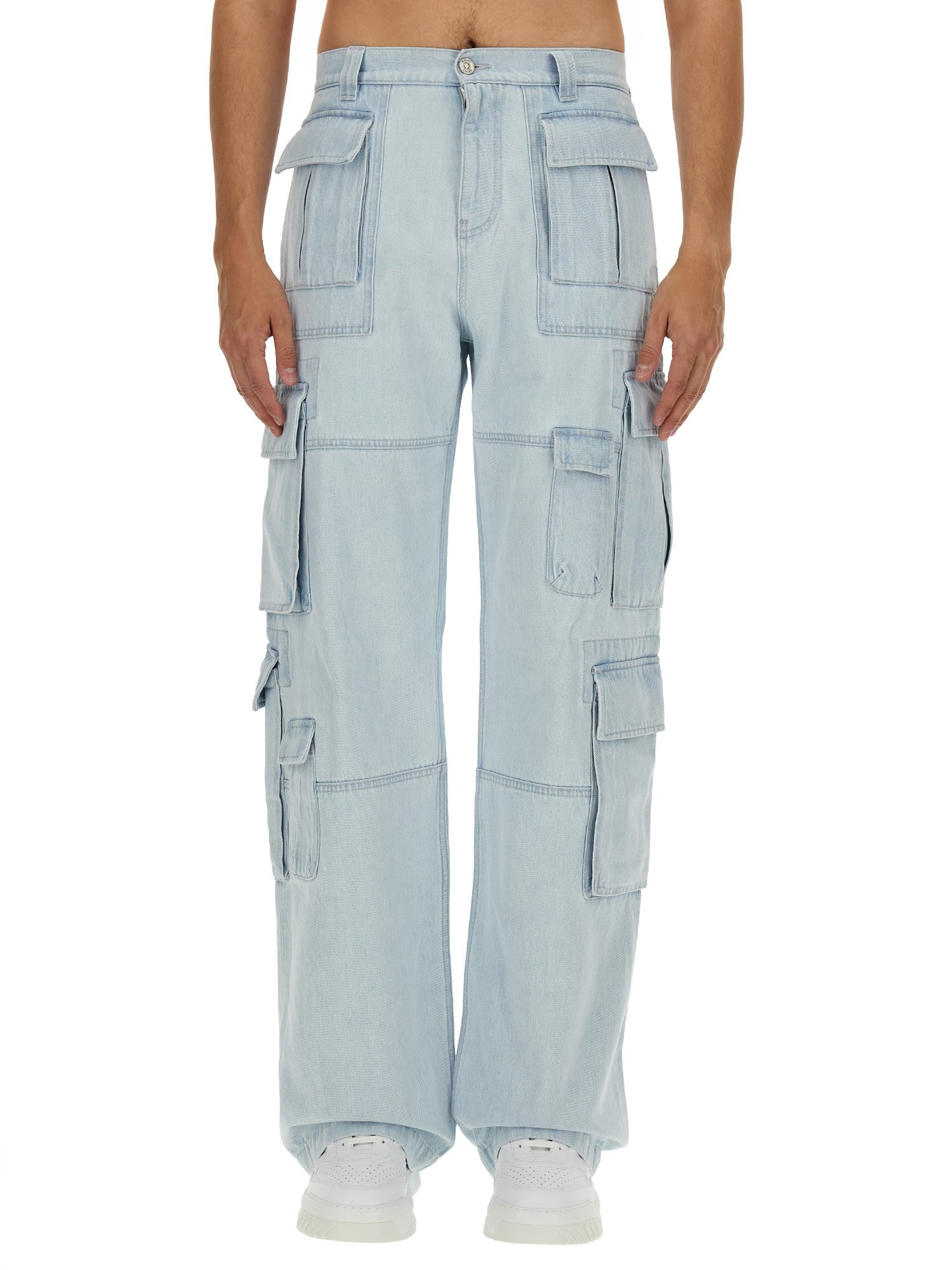 Shop Versace Cargo Jeans In Denim