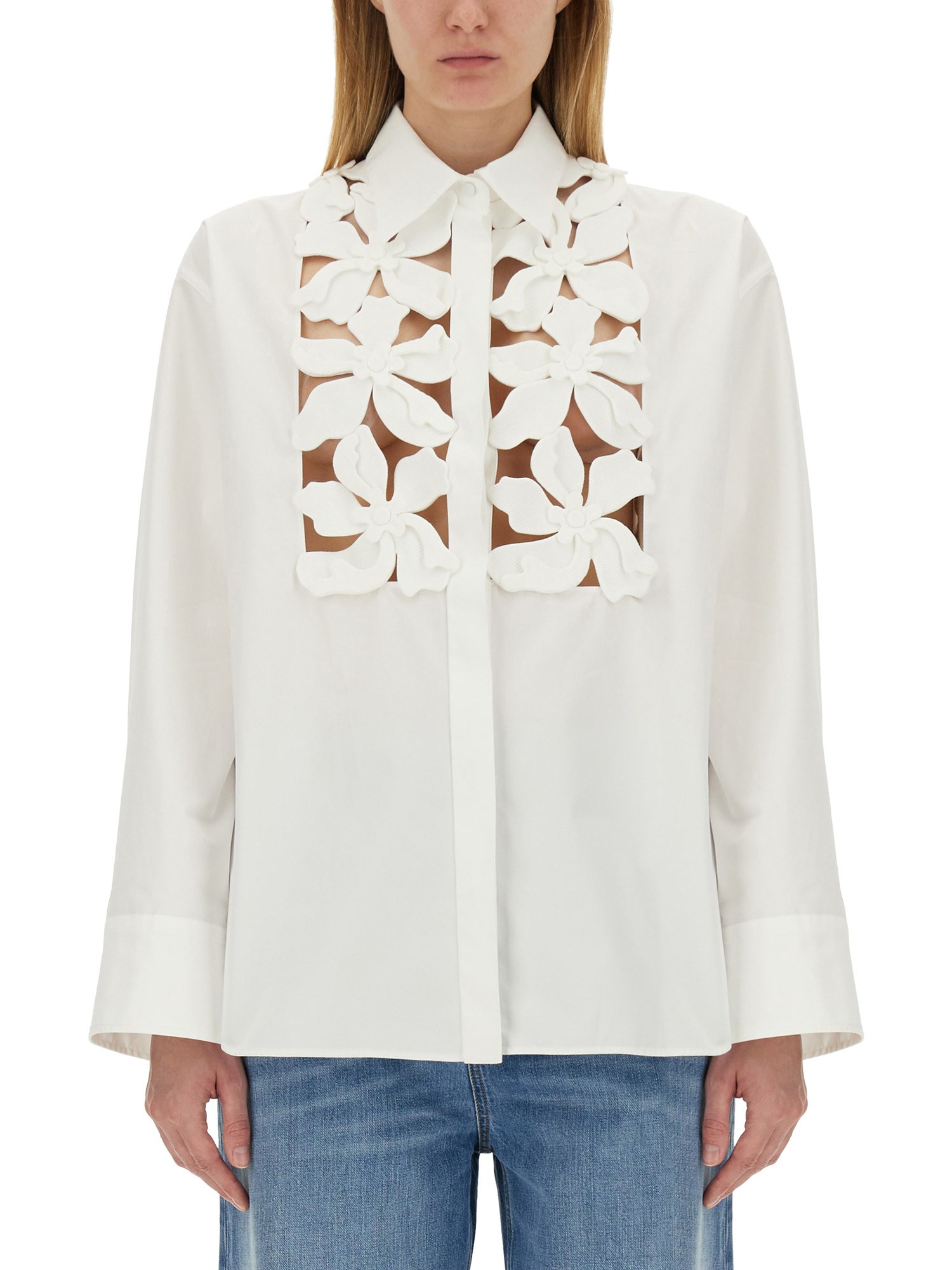 Valentino Poplin Floral Button-front Shirt With Lasercut Bib In White