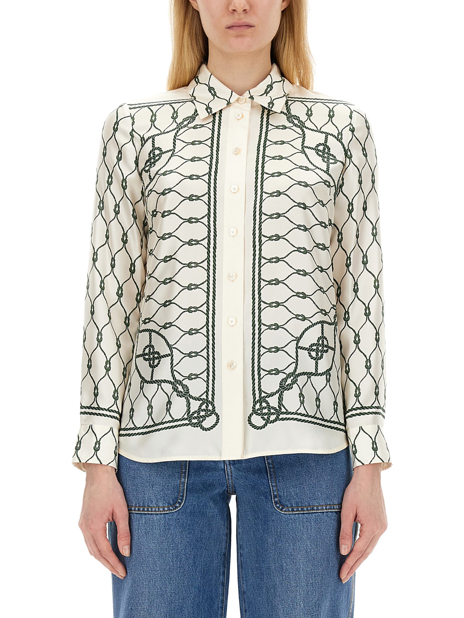 Shop Tory Burch Printed Silk Twill Shirt In Green