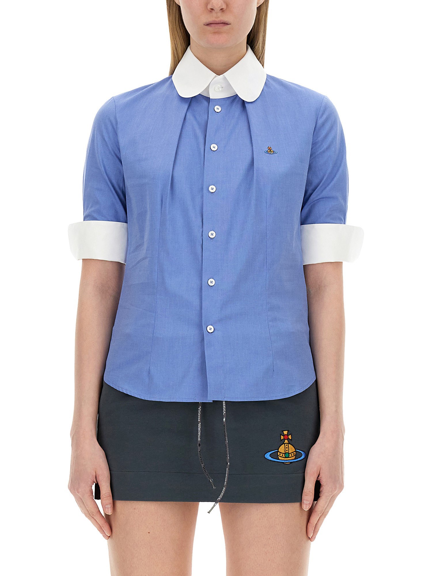 Shop Vivienne Westwood Shirt With Orb Embroidery In Azure