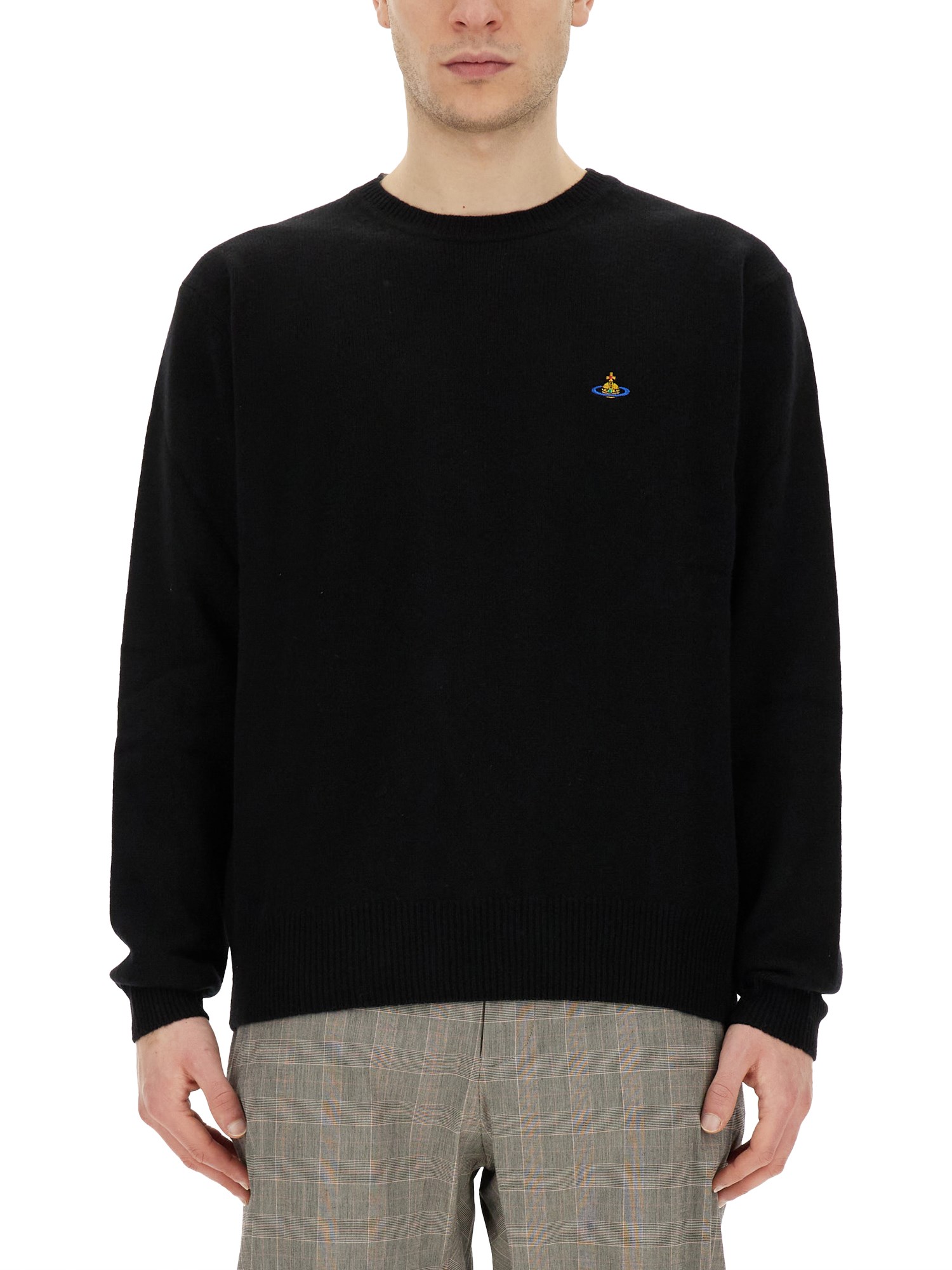 Vivienne Westwood 'alex' Black Crewneck Sweater With Orb Logo Detail On The Front In Black