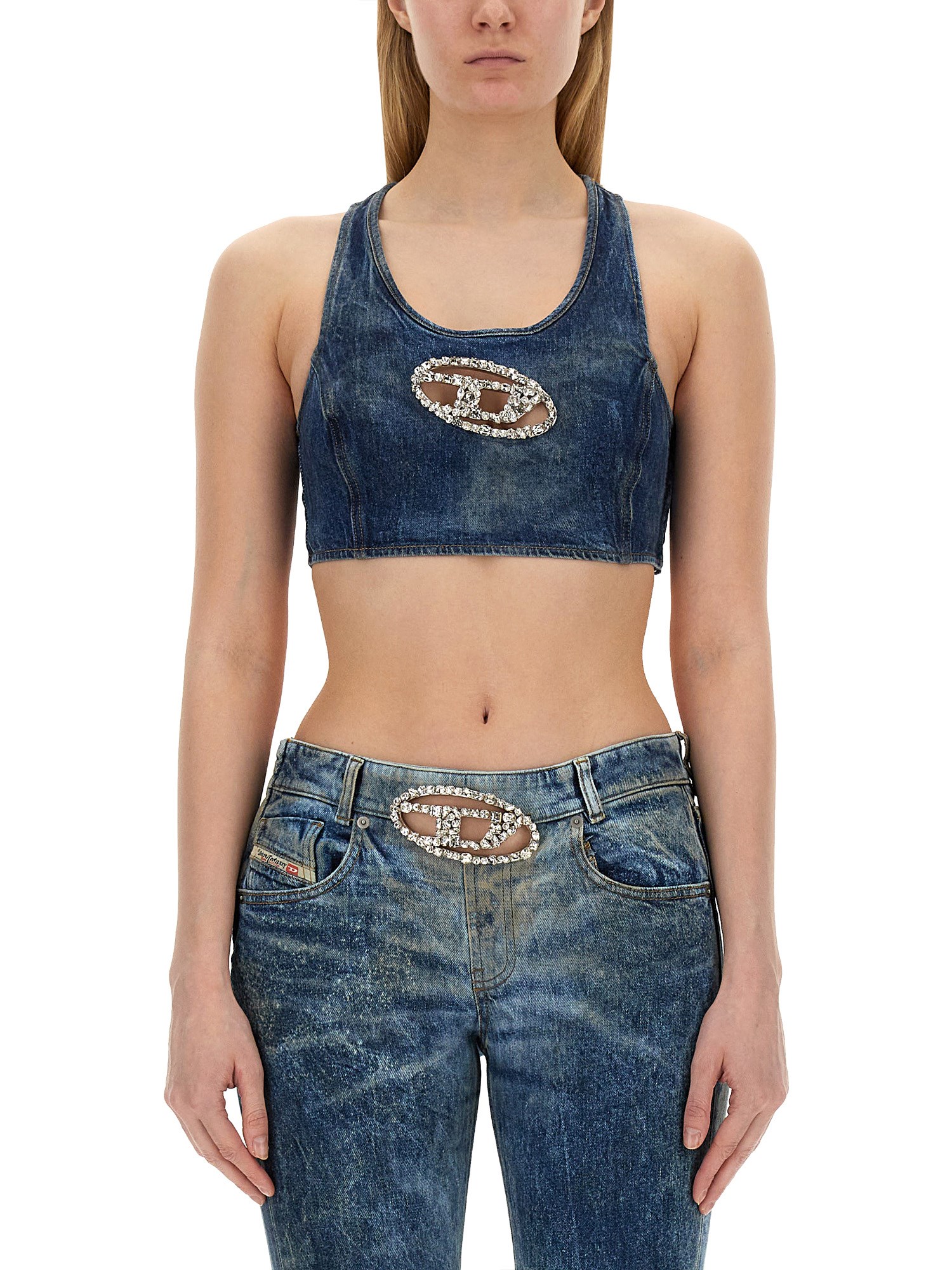 Diesel Denim Crop Top With Jewel Buckle In Denim