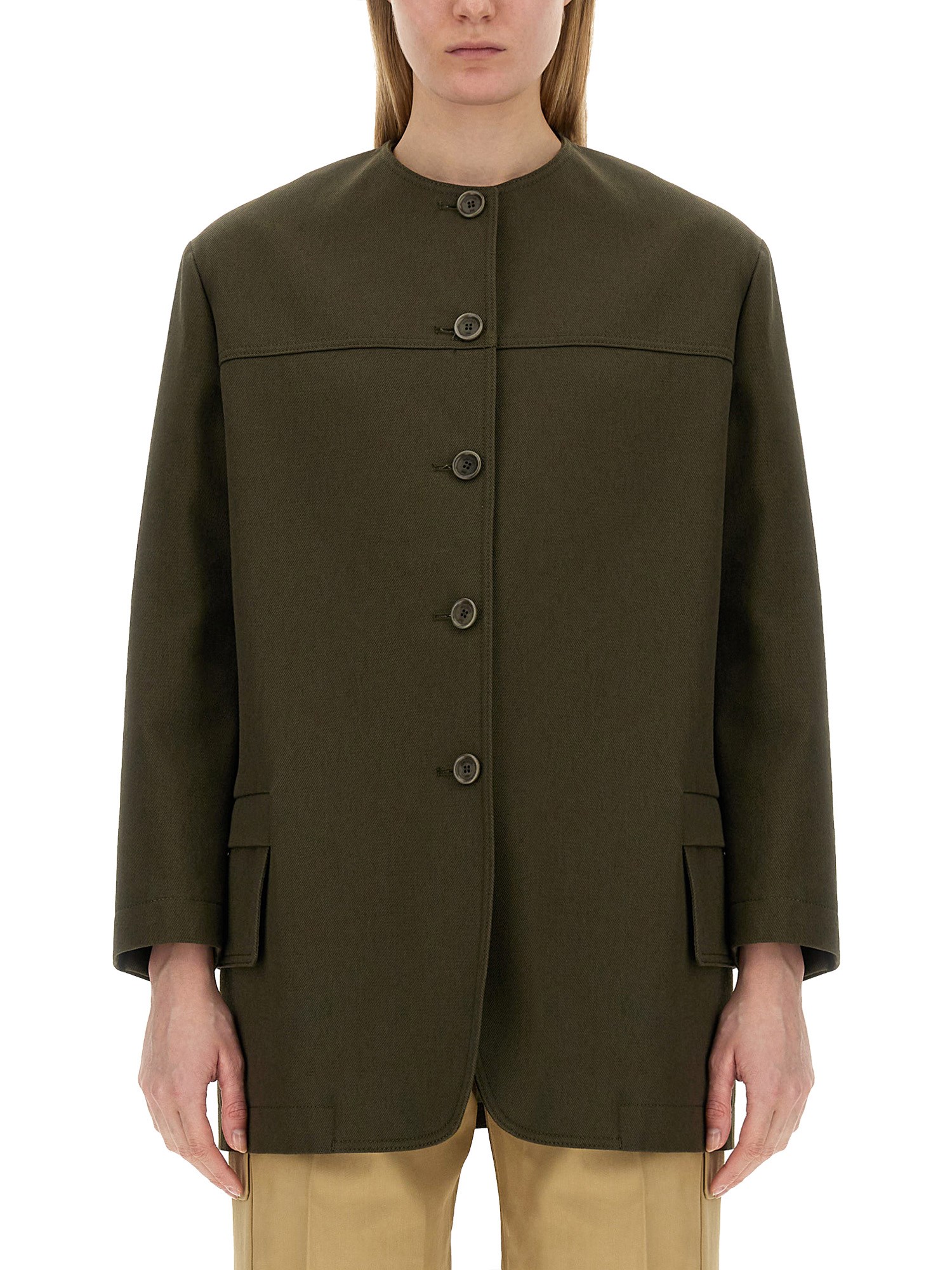 Max Mara Shirt-style Round-collar Casual Jacket In Military Green