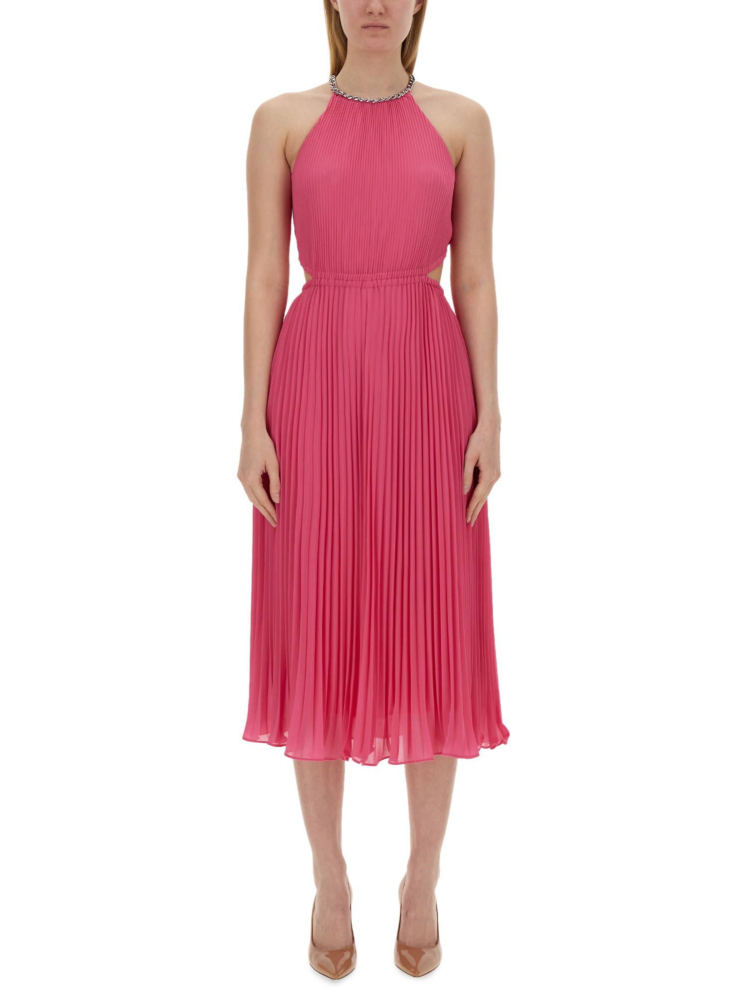 Michael Michael Kors Pleated Georgette Dress With Cut-out Details In Pink