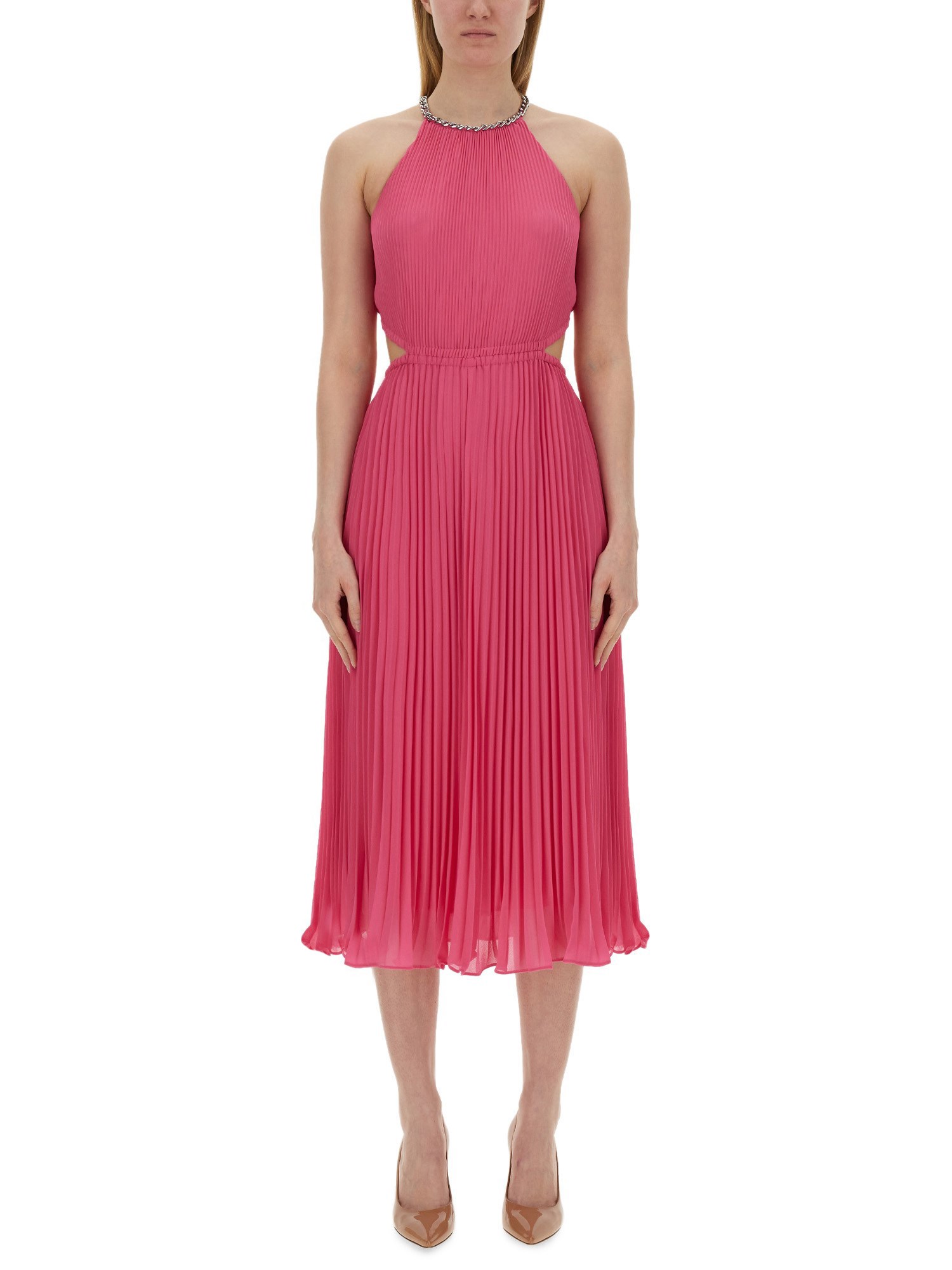 michael by michael kors pleated georgette dress with cut-out details