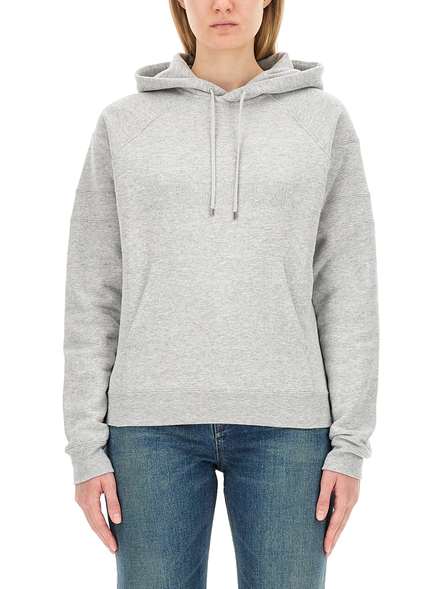 Saint Laurent Cotton Logo Hoodie In Grey