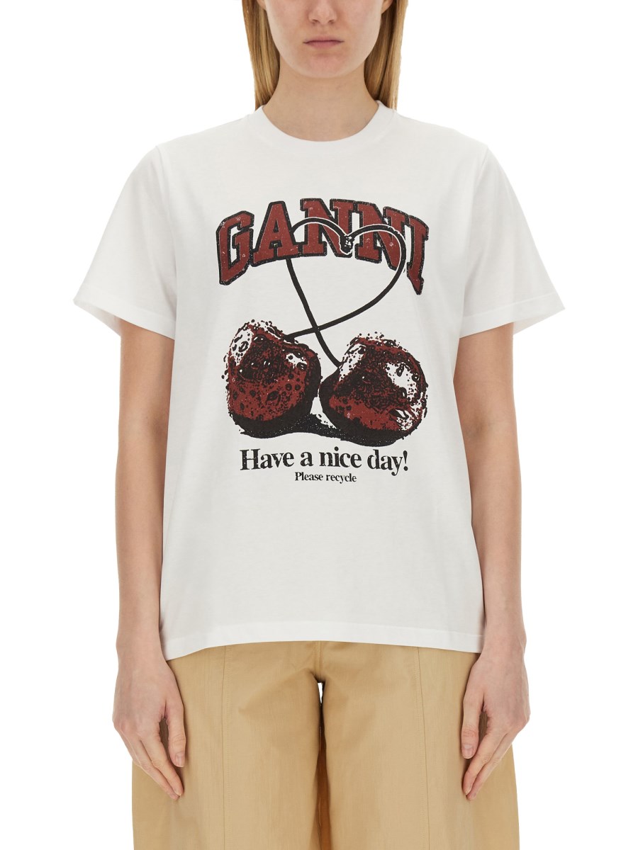 【関税&送料込】Ganni Cherry T-Shirt Bright White White Basic Jersey Cherry Relaxed T-shirt