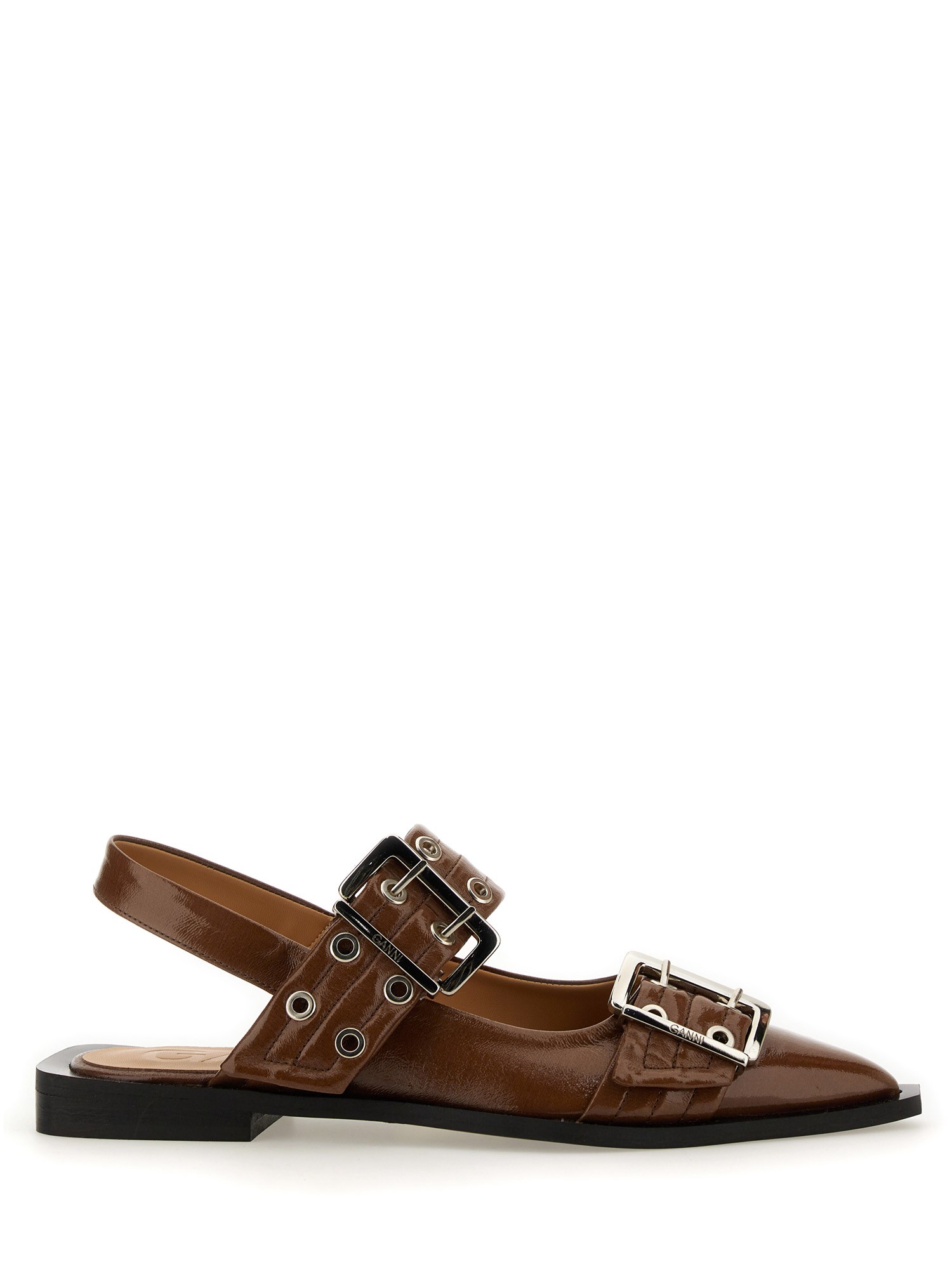 Ganni Buckle Ballerina Leather Slingback Flats In Buff