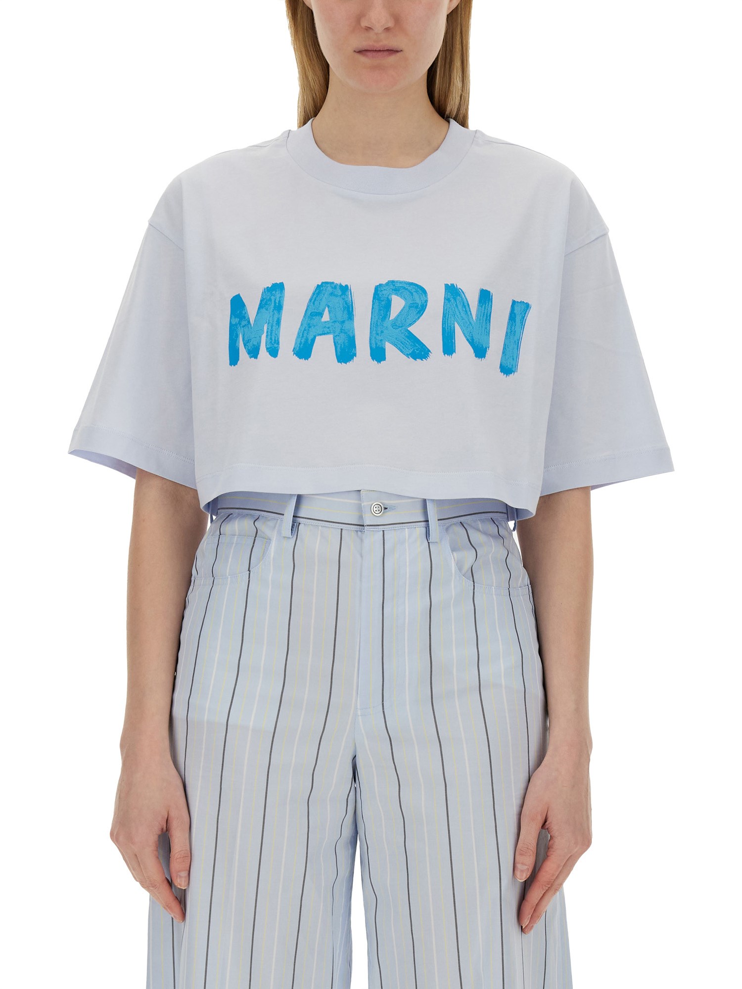 Marni Logo Print T-shirt In Baby Blue
