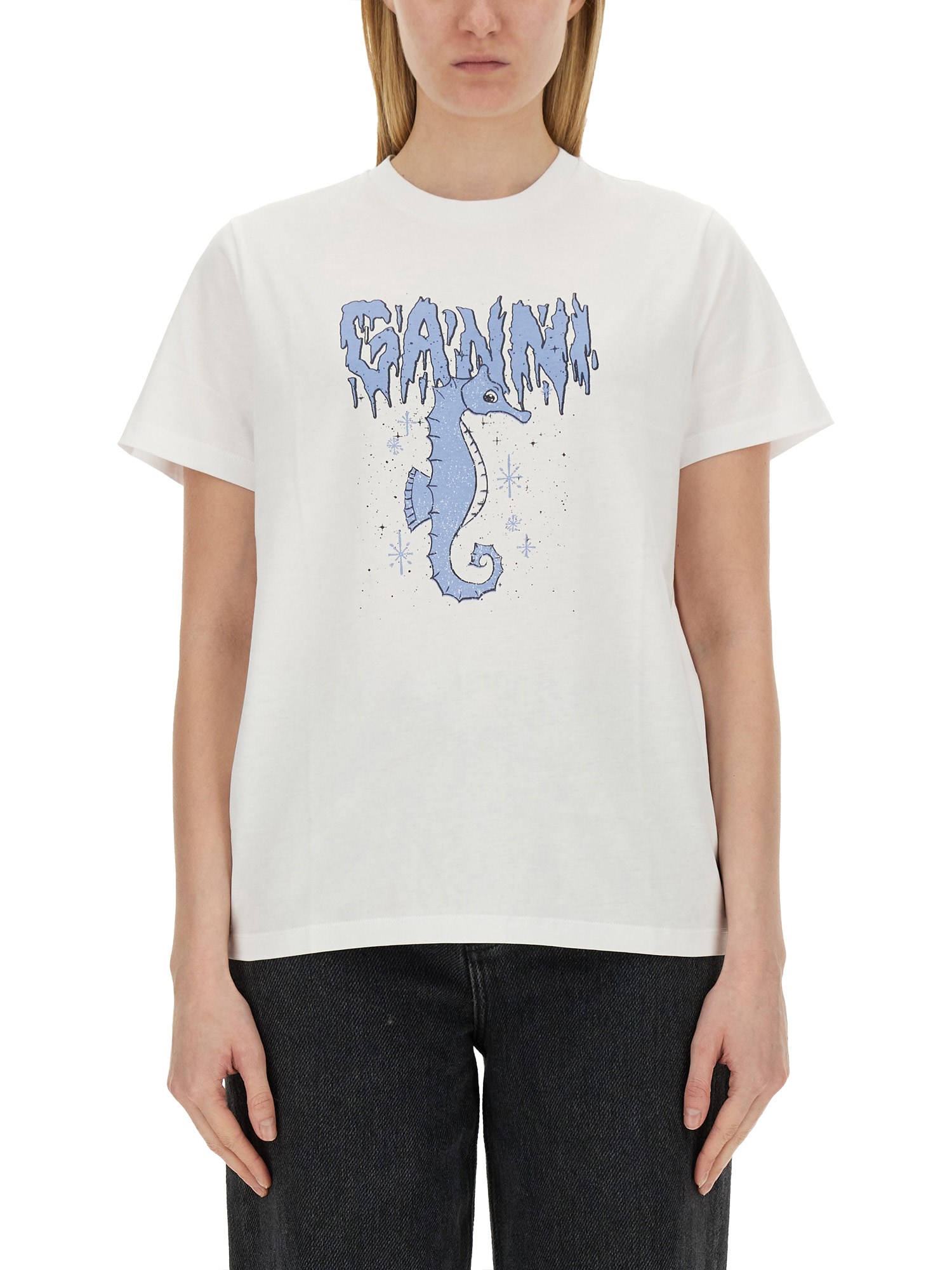Shop Ganni Seahorse Print T-shirt In White