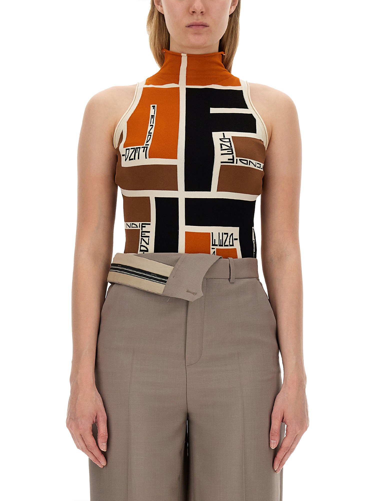 Fendi Colour-block High-neck Minidress In Multicolour