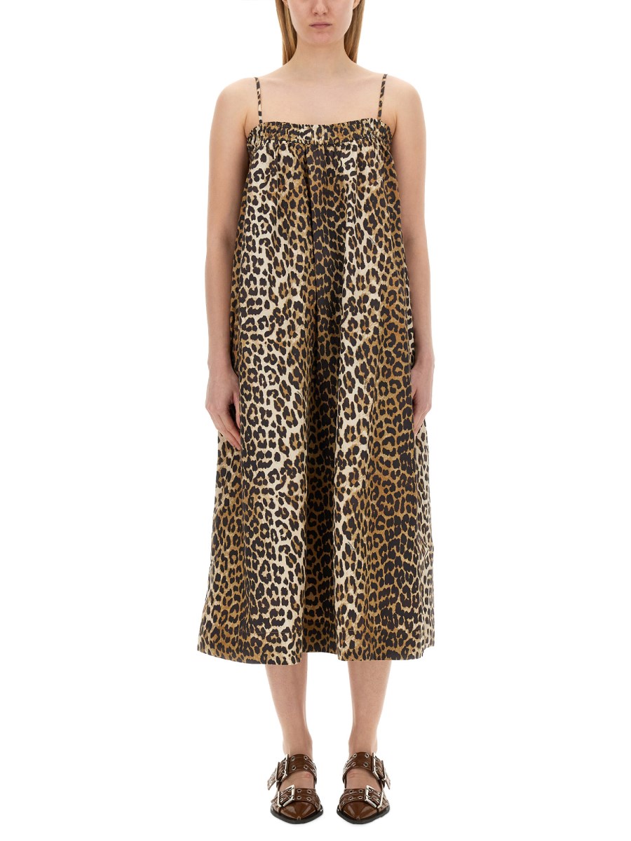 GANNI - COTTON POPLIN ANIMAL PRINT MIDI DRESS - Eleonora Bonucci