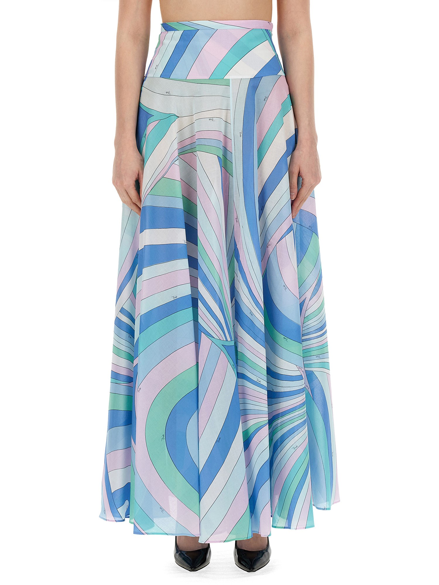 Shop Pucci Long Skirt With Iris Print In Baby Blue