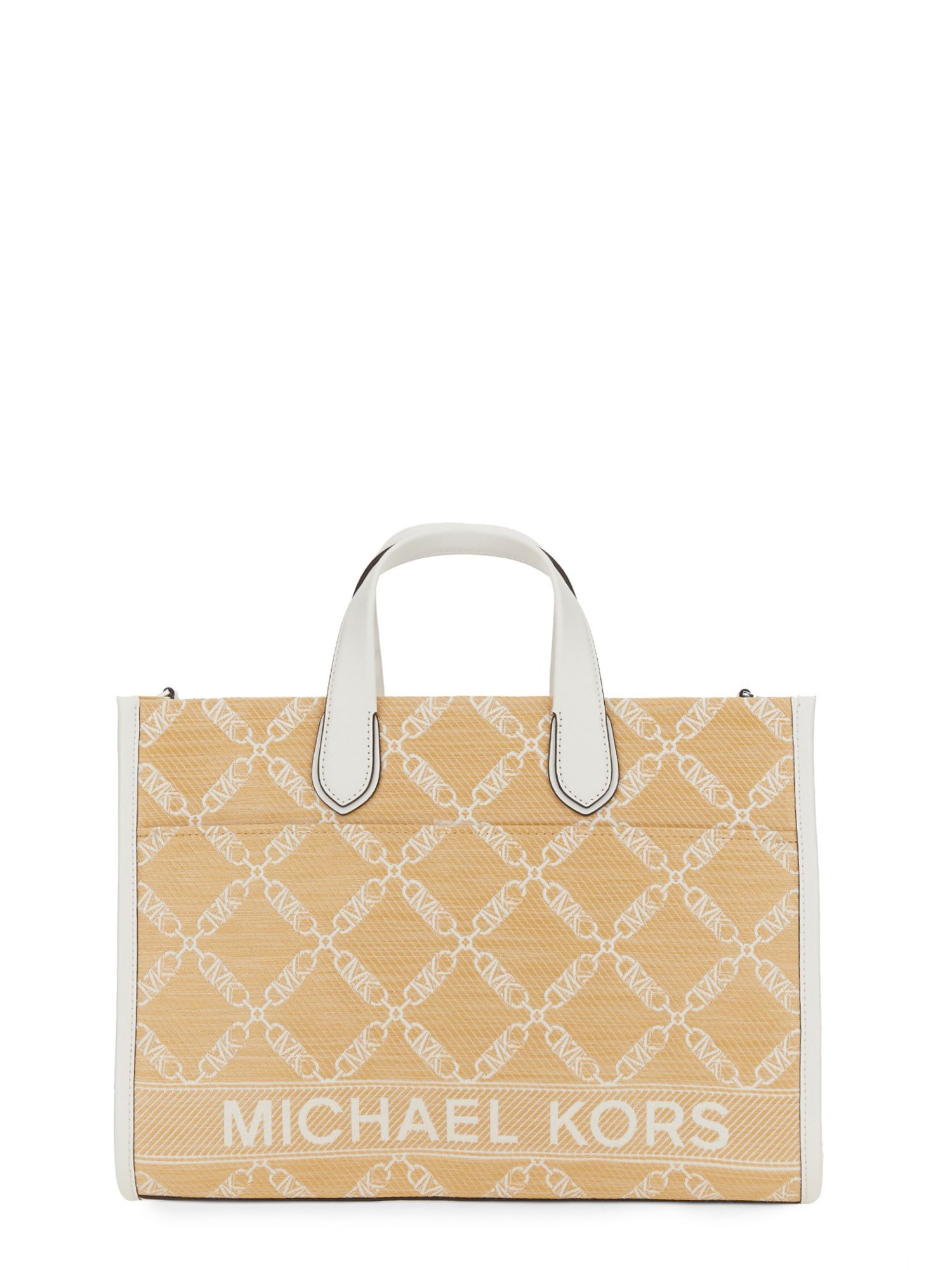 Michael Michael Kors Gigi Small Empire Logo Jacquard Straw Tote Bag In Beige