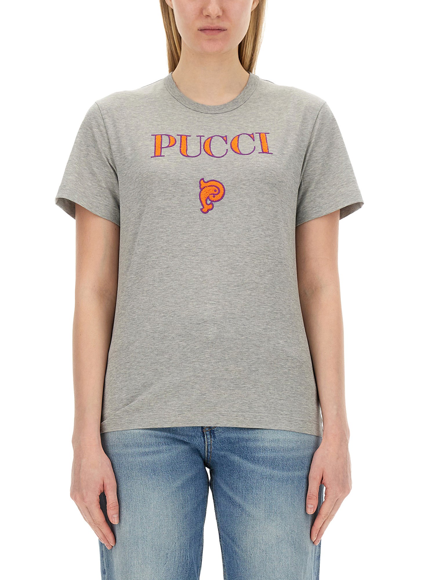 Pucci Grey Logo T-shirt With Classic Crew Neckline In Grey