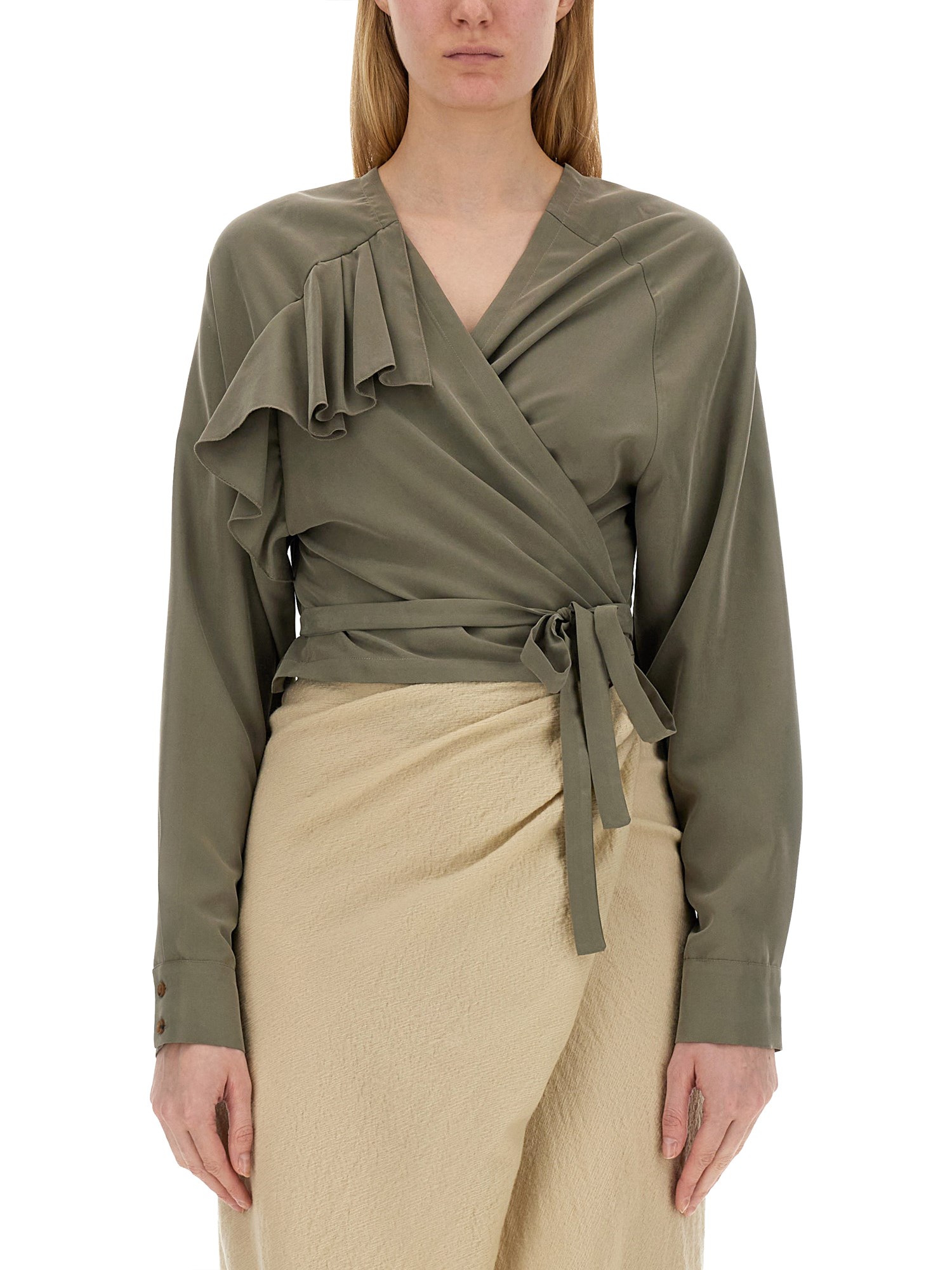 Alysi Cropped Ruffled Top With Waist Tie In Green