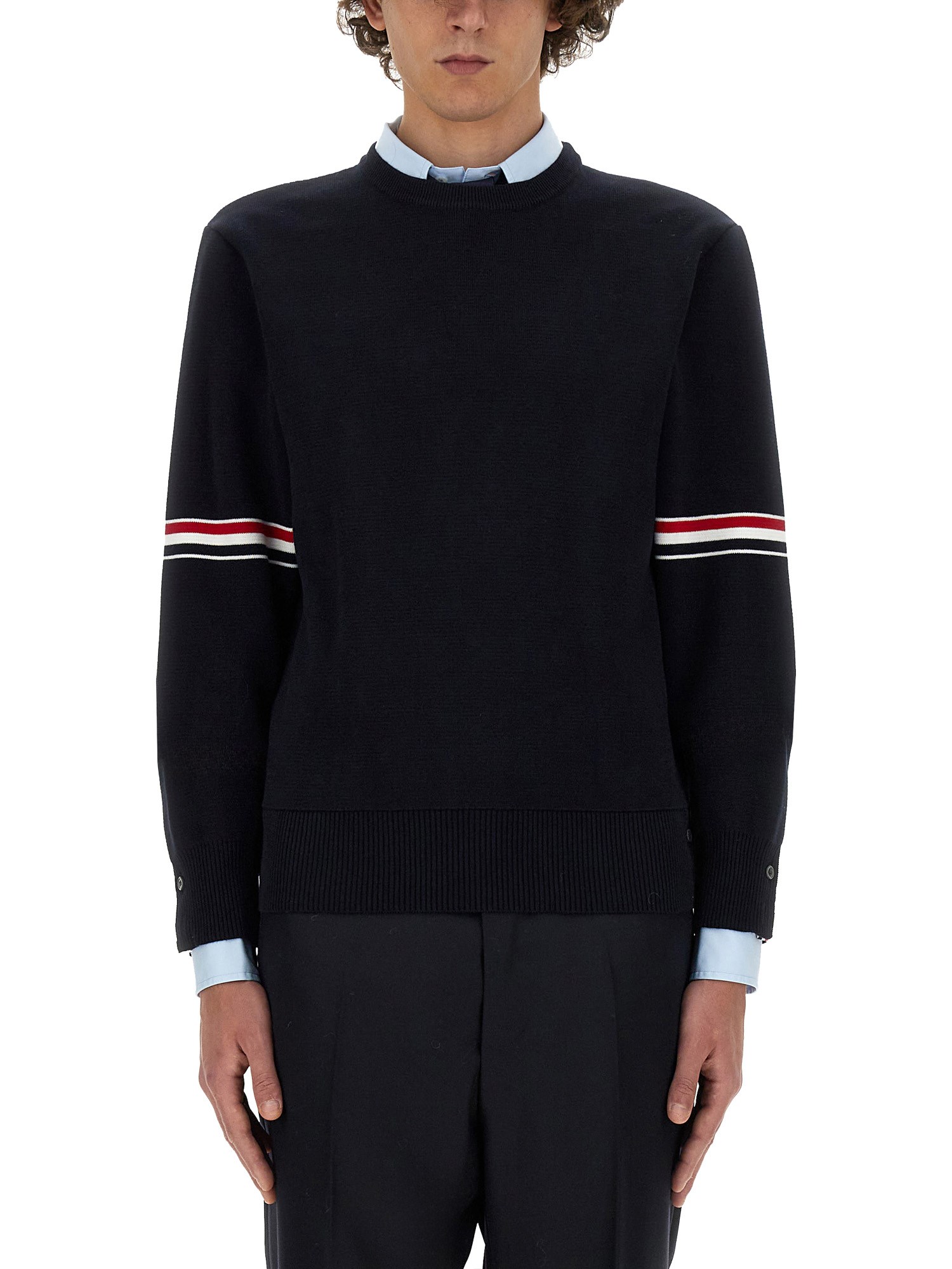 Thom Browne Rwb Intarsia Armband Tweed Pullover In Black