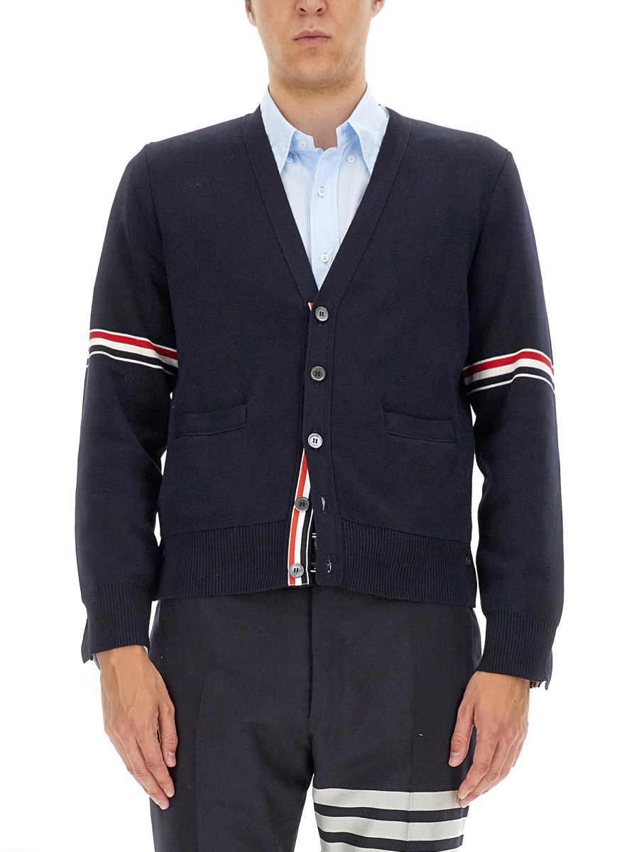 THOM BROWNE CARDIGAN IN COTONE CON SCOLLO A V