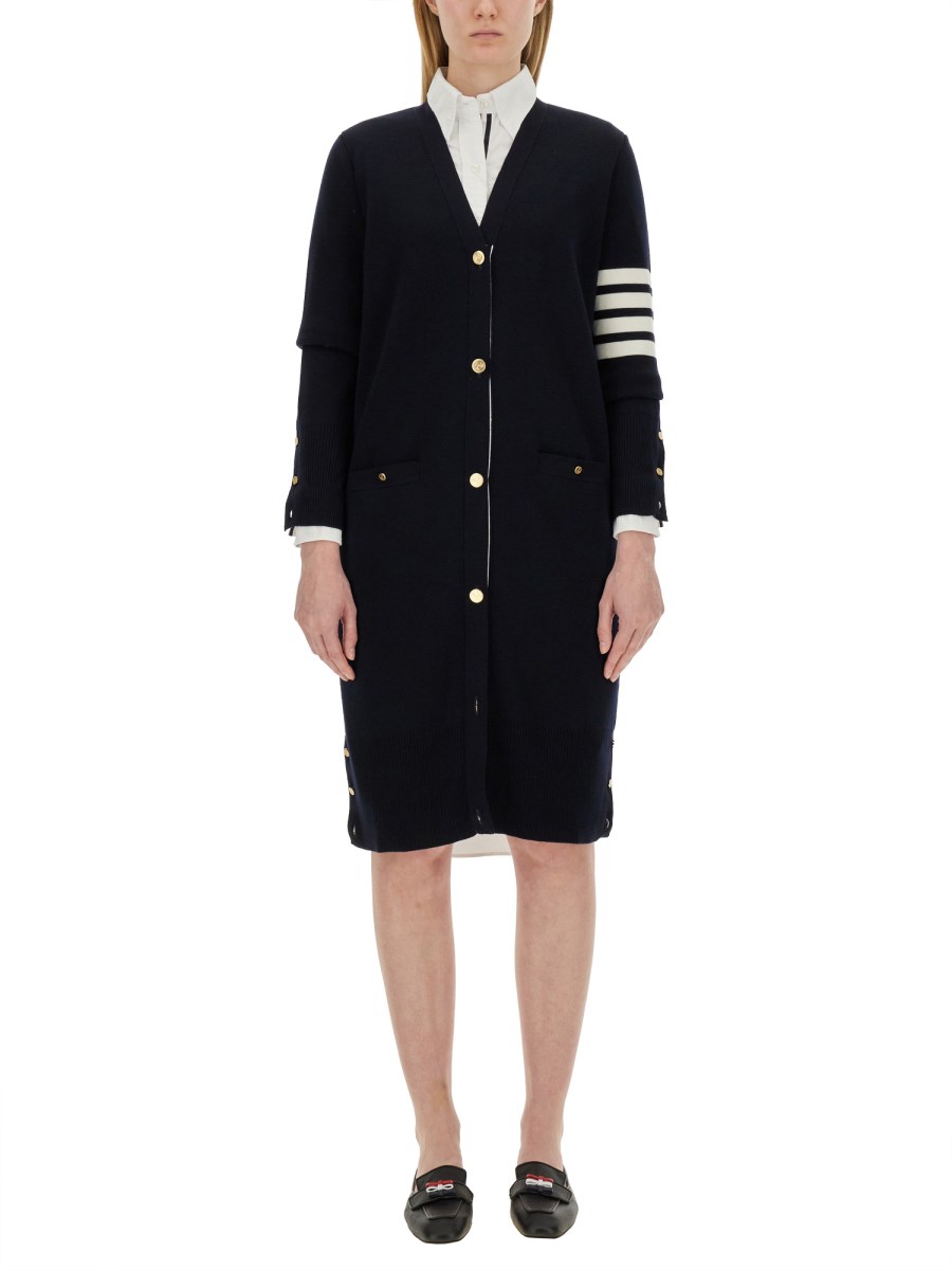 THOM BROWNE CARDIGAN LUNGO 4BAR CON SCOLLO A V IN LANA