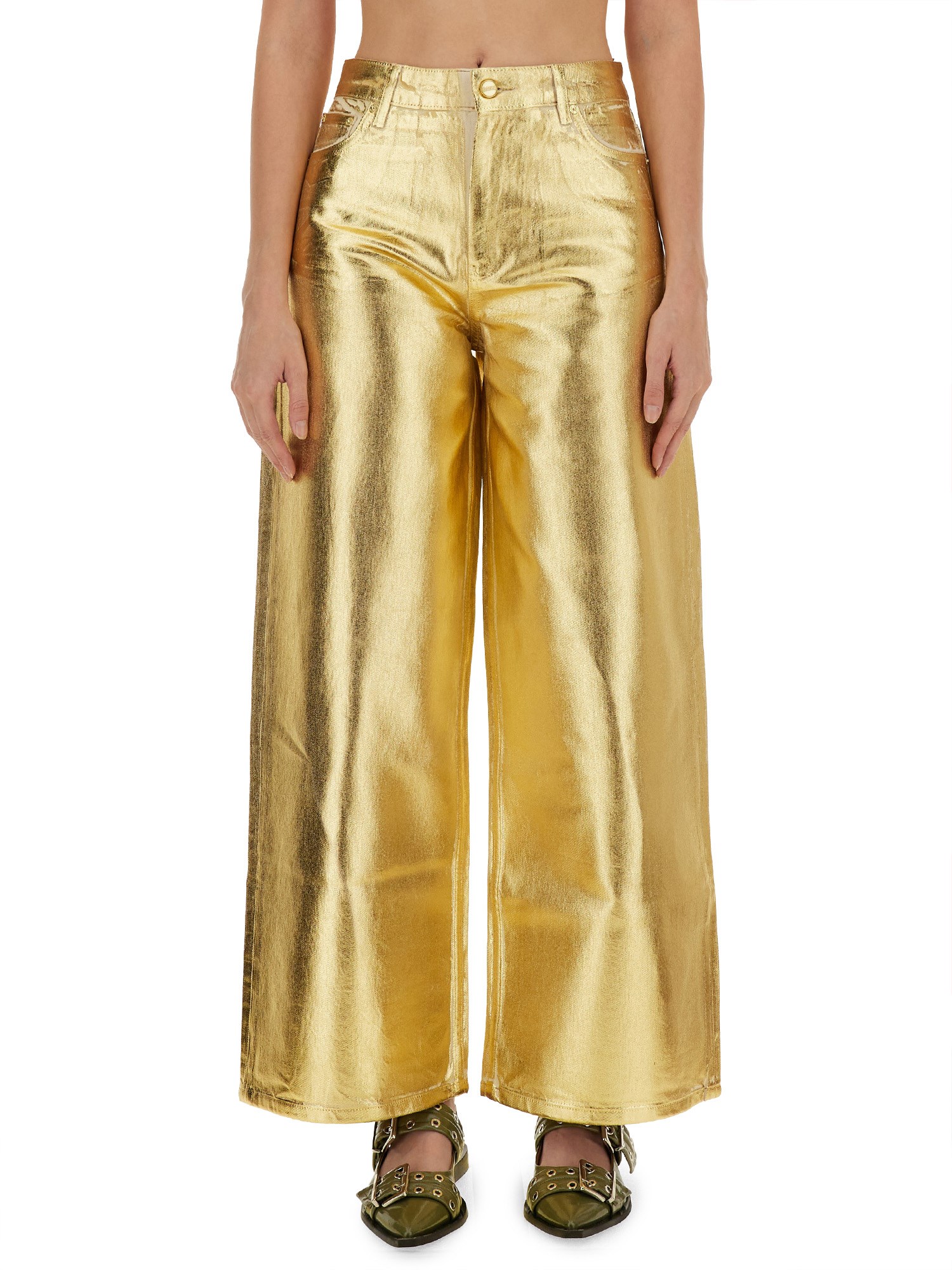 Ganni Gold Five Pockets Wide Jeans In Laminated Fabric Woman In Gold