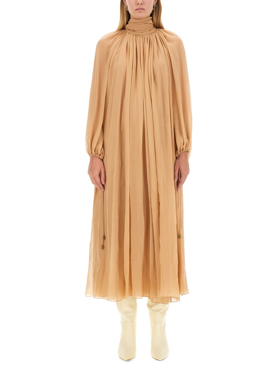 CHLOE SILK GEORGETTE MOCK NECK LONG GATHERED DRESS Eleonora Bonucci