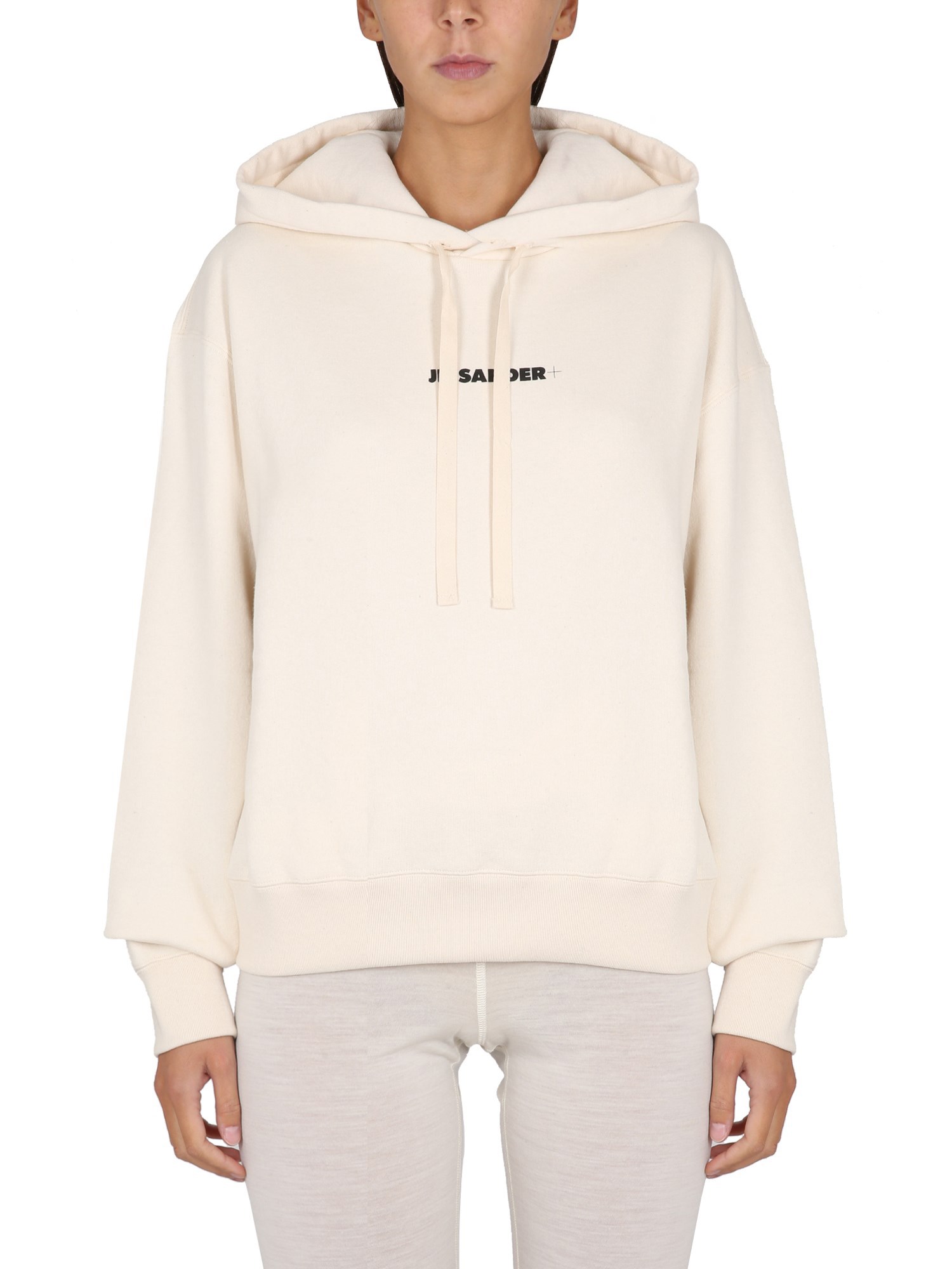 Jil Sander Logo Print Cotton Hoodie In Ivory