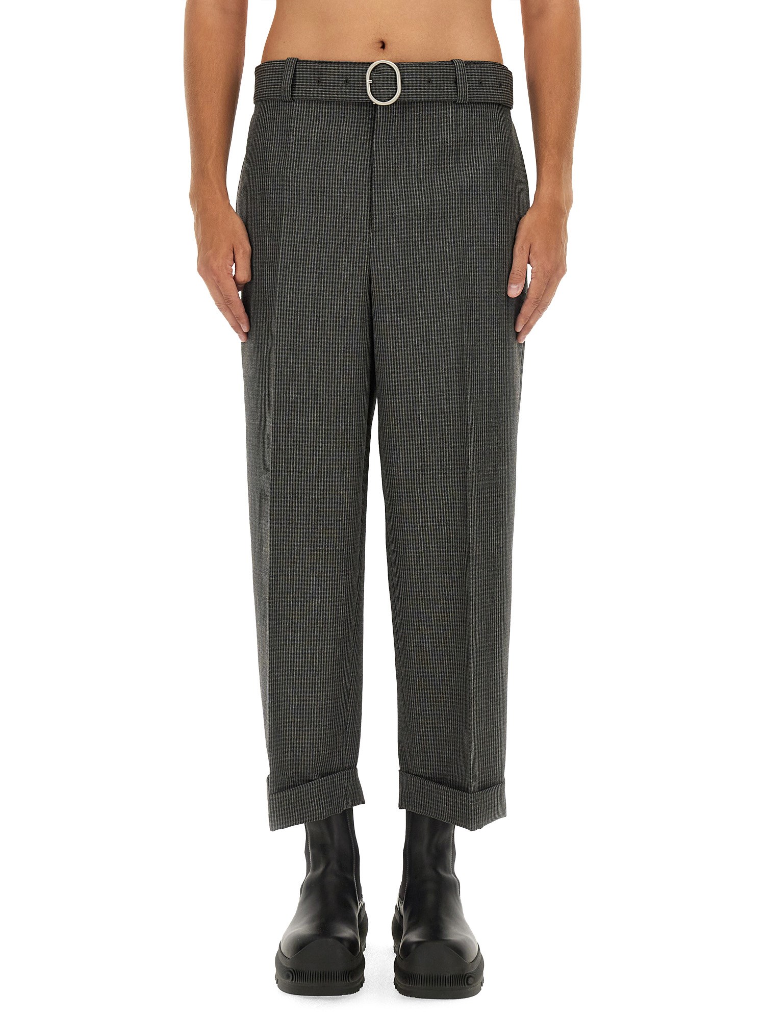 Jil Sander Check-pattern Belted Trousers In Grey