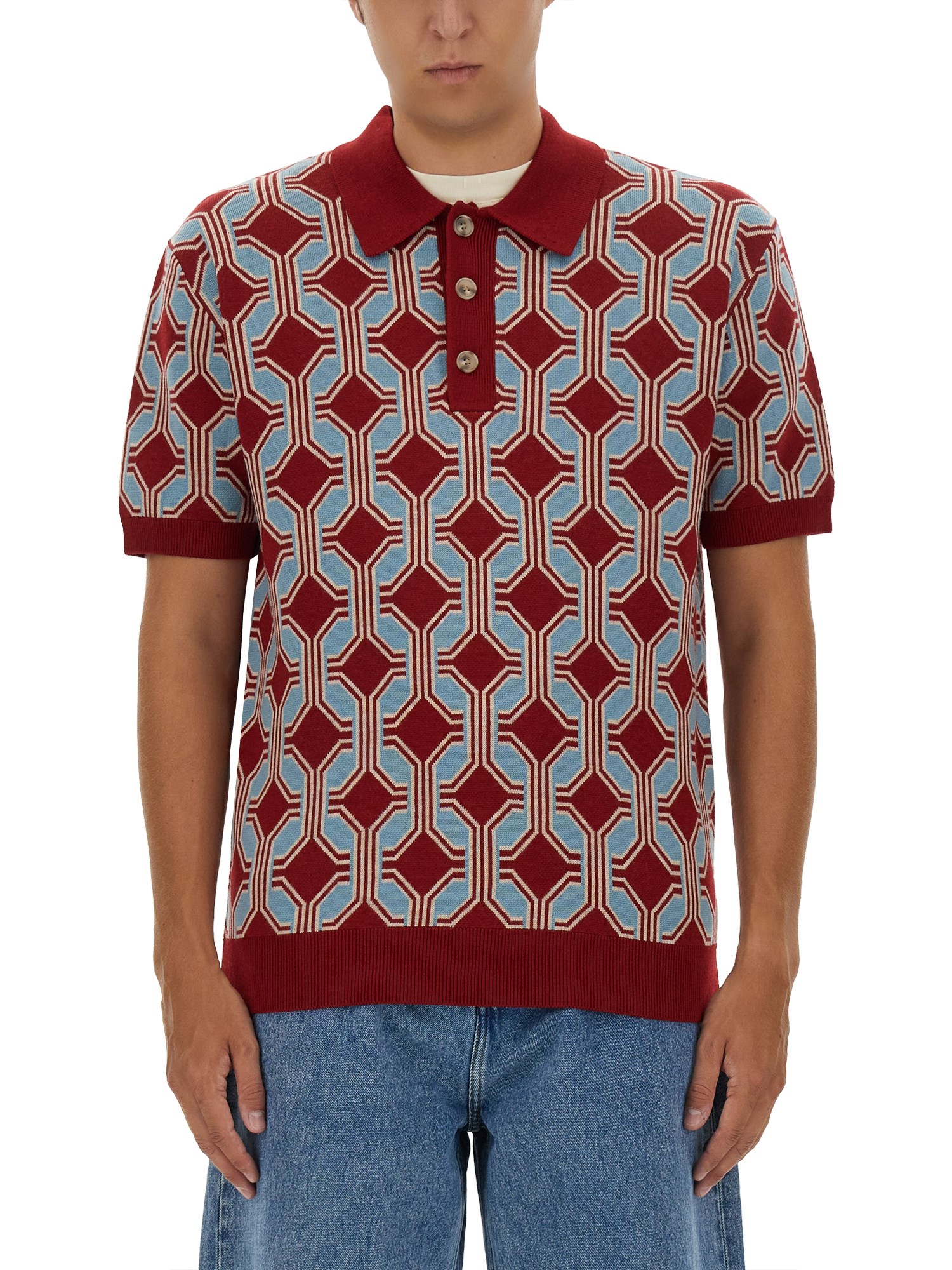 Shop Drôle De Monsieur Geometrique Knit Polo Shirt In Red