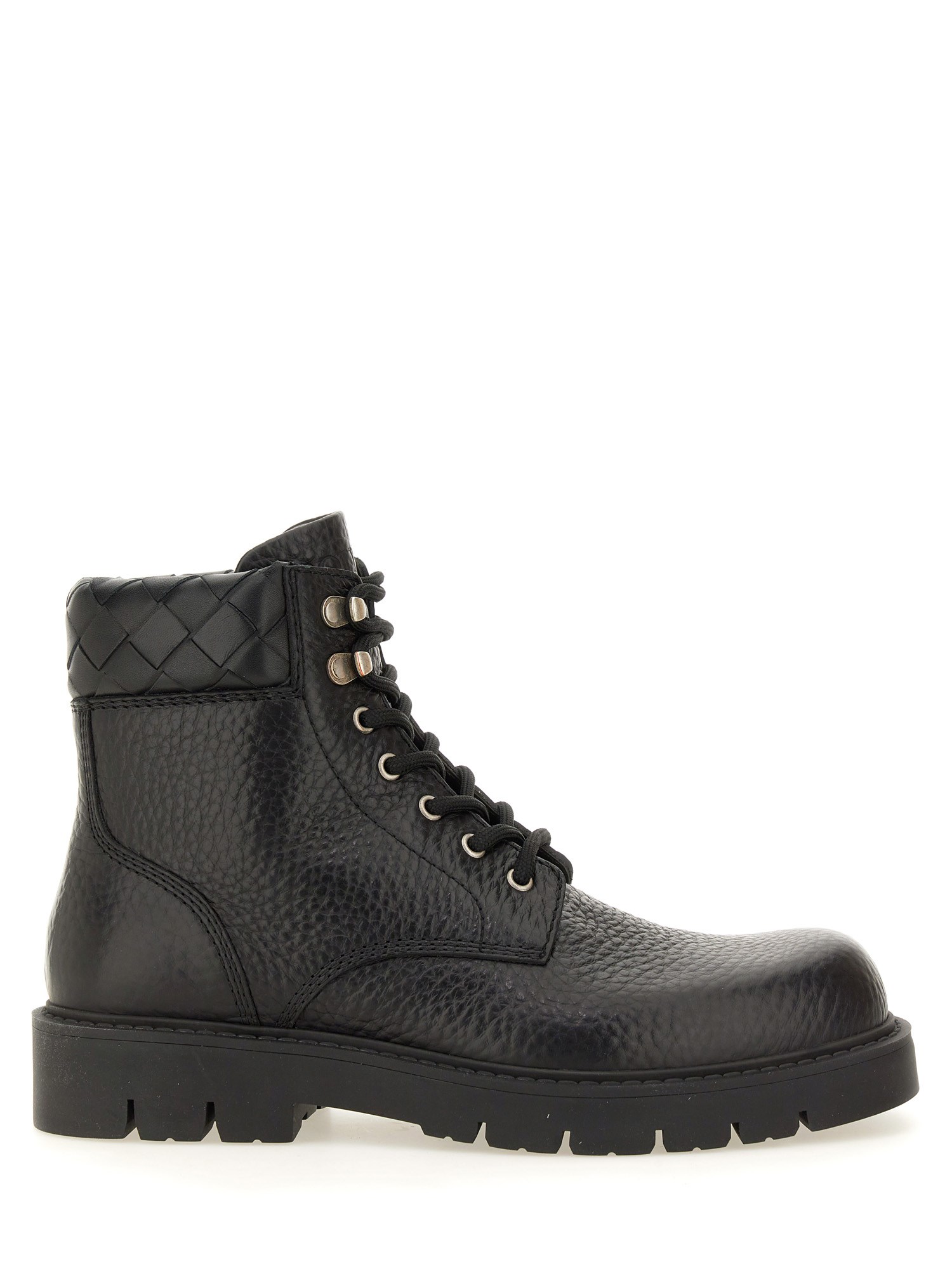 Bottega Veneta Black Grained Calf Leather Haddock Lace Up Ankle Boots In Black