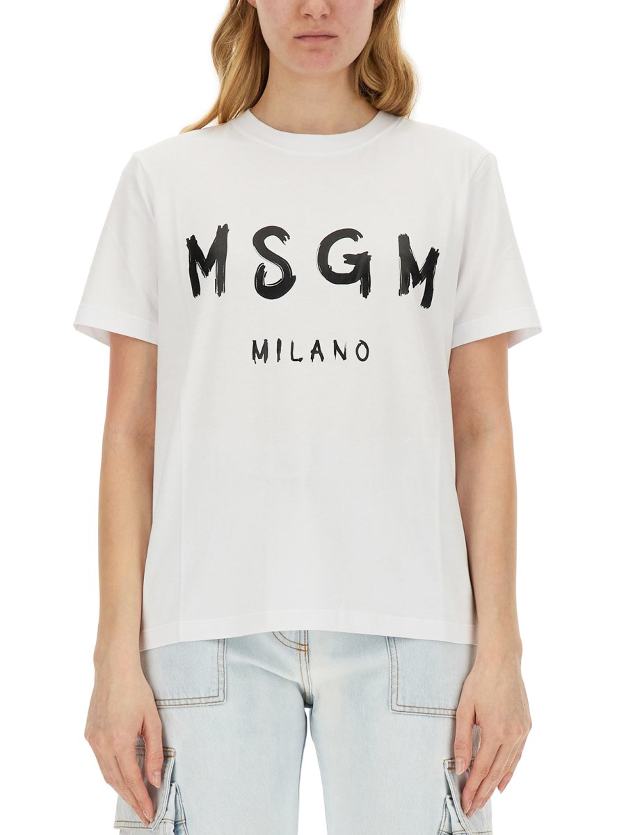 MSGM T-SHIRT GIROCOLLO IN JERSEY DI COTONE CON STAMPA LOGO PENNELLATO