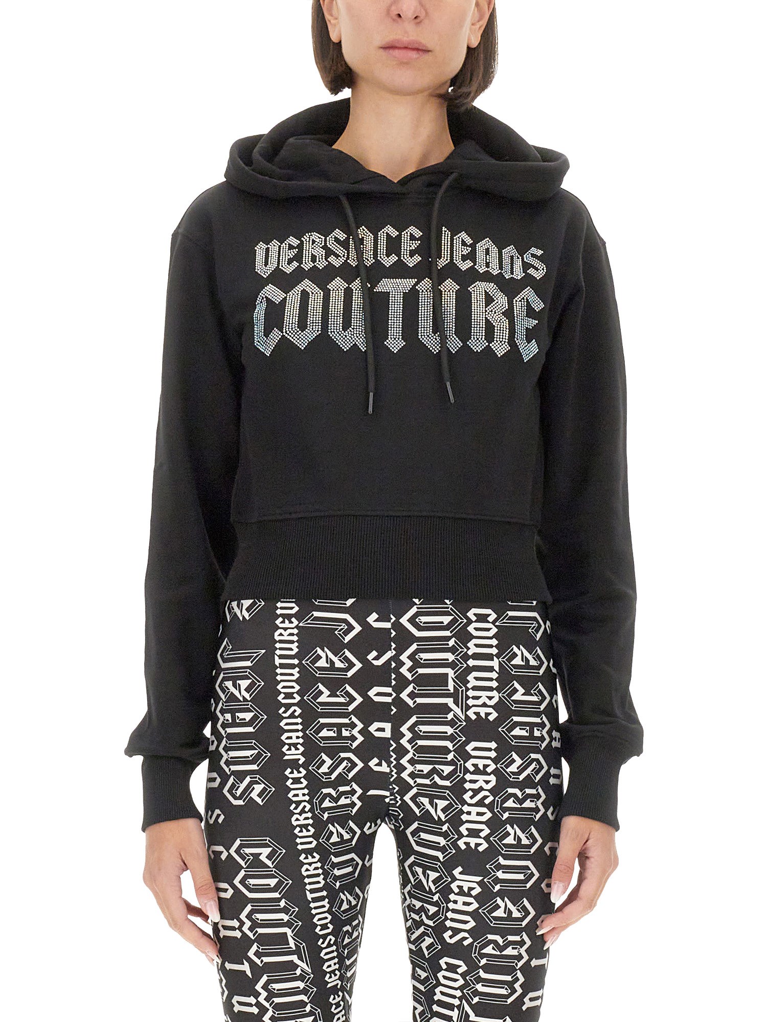 Versace Jeans Couture Cropped Black Sweatshirt With Hood And Logo Detail In Black