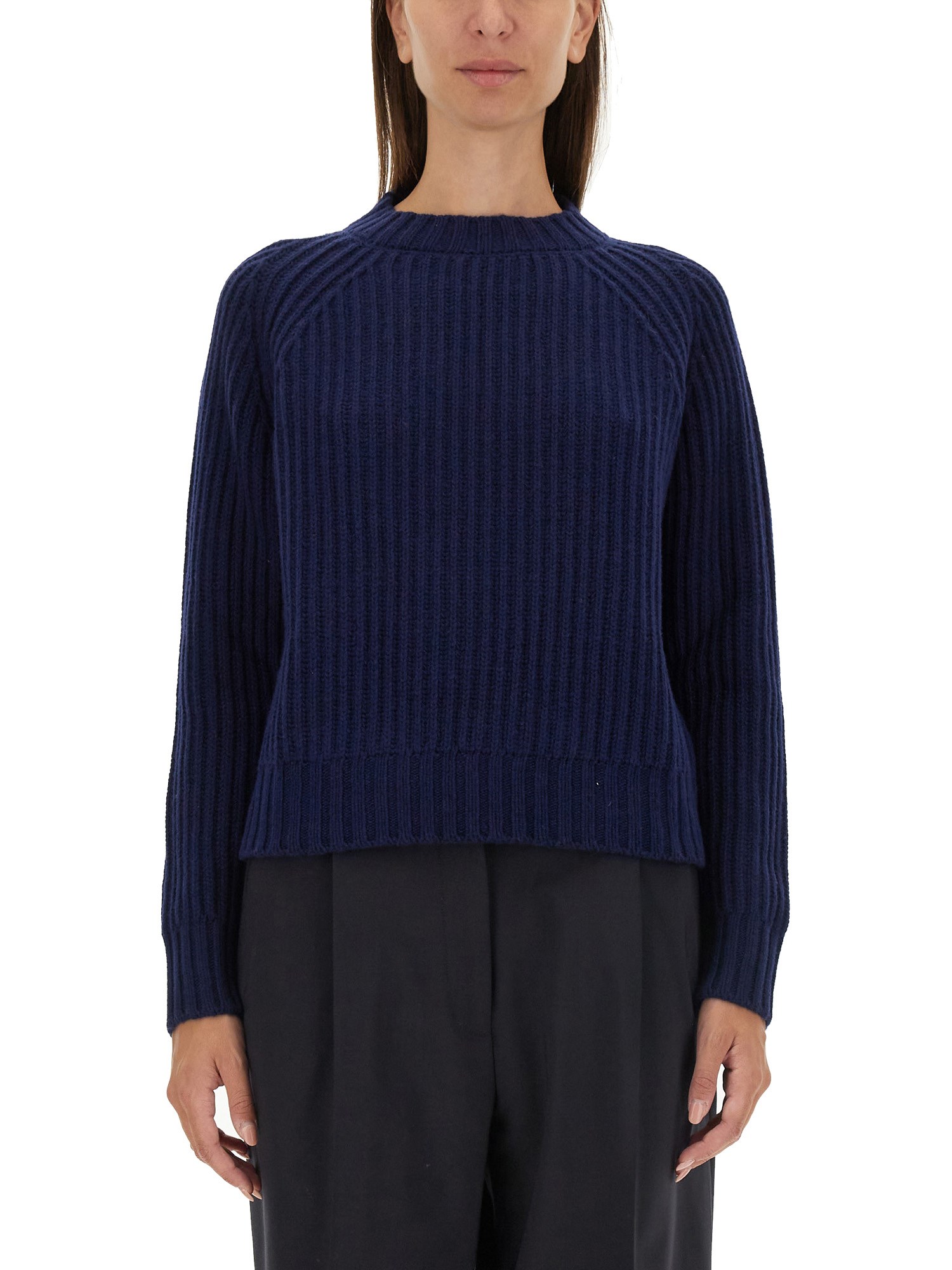 Aspesi Ribbed Wool Jersey With Modern Cropped Silhouette In Blue
