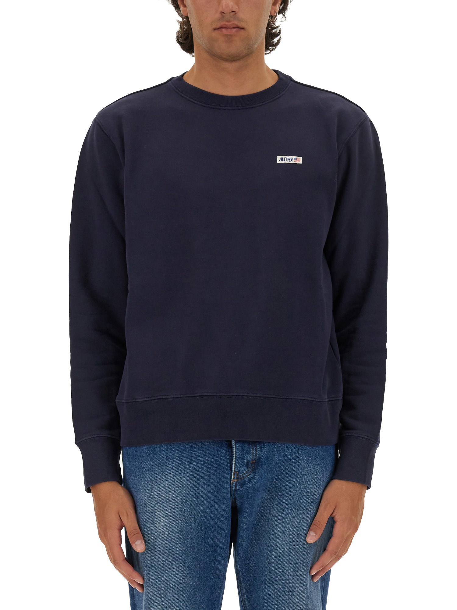 Autry Blue Cotton Crewneck Sweatshirt With Logo Print In Blue