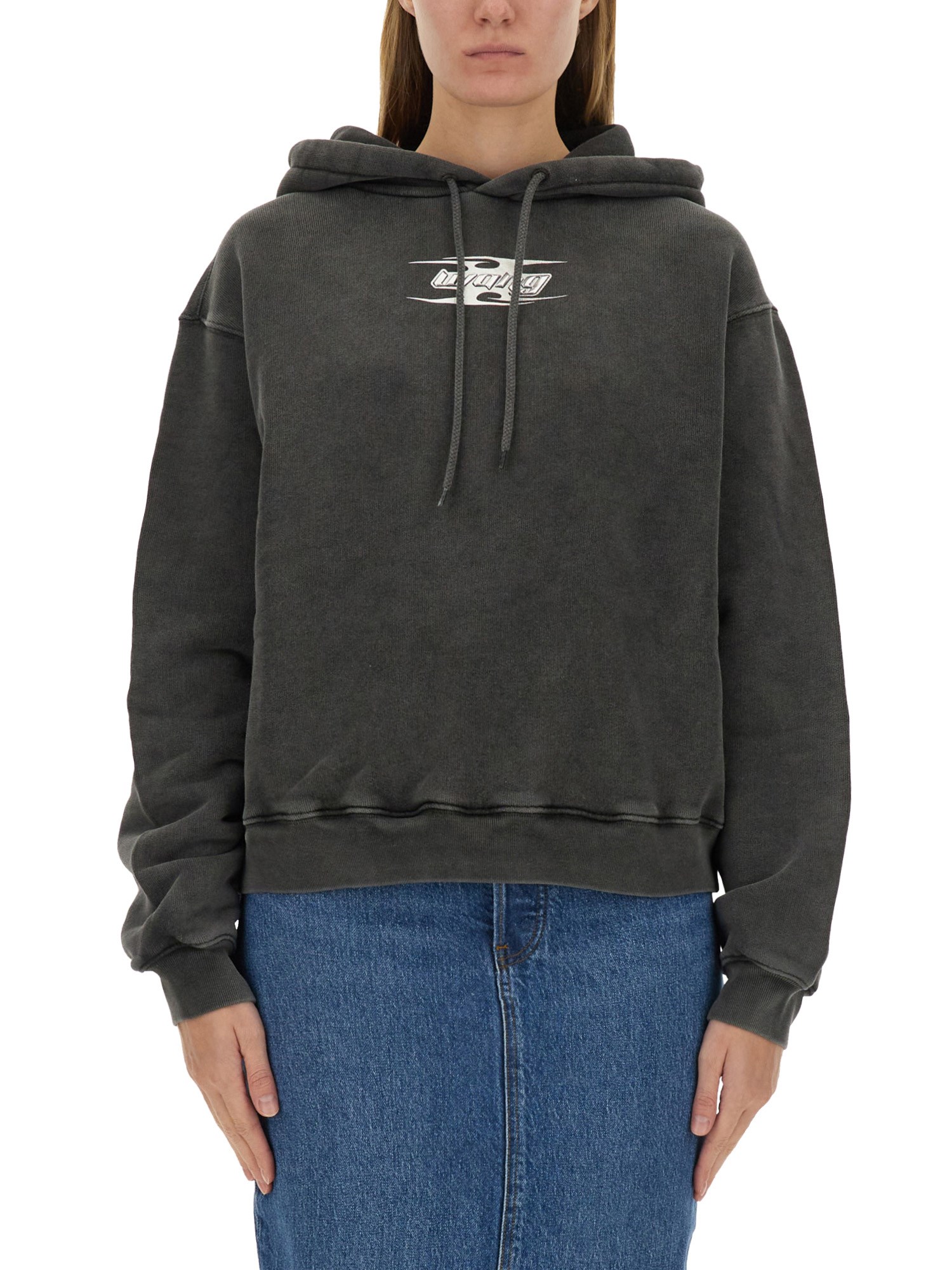 Alexander Wang T T By Alexander Wang Boxy Grey Sweatshirt With Logo Print And Drawstring Hood In Charcoal