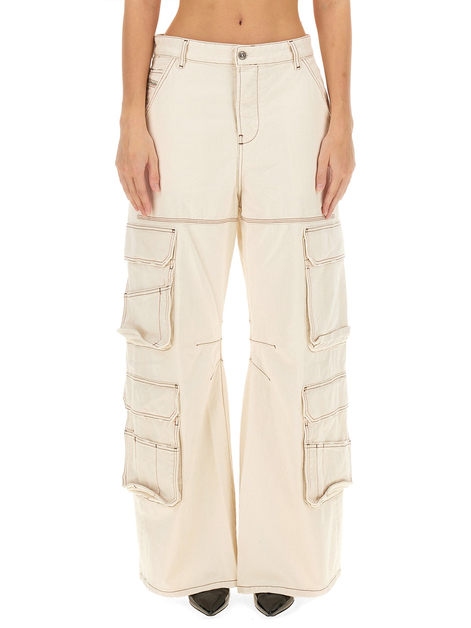 Diesel Cargo Trousers With Back Pockets And Belt Loops In White