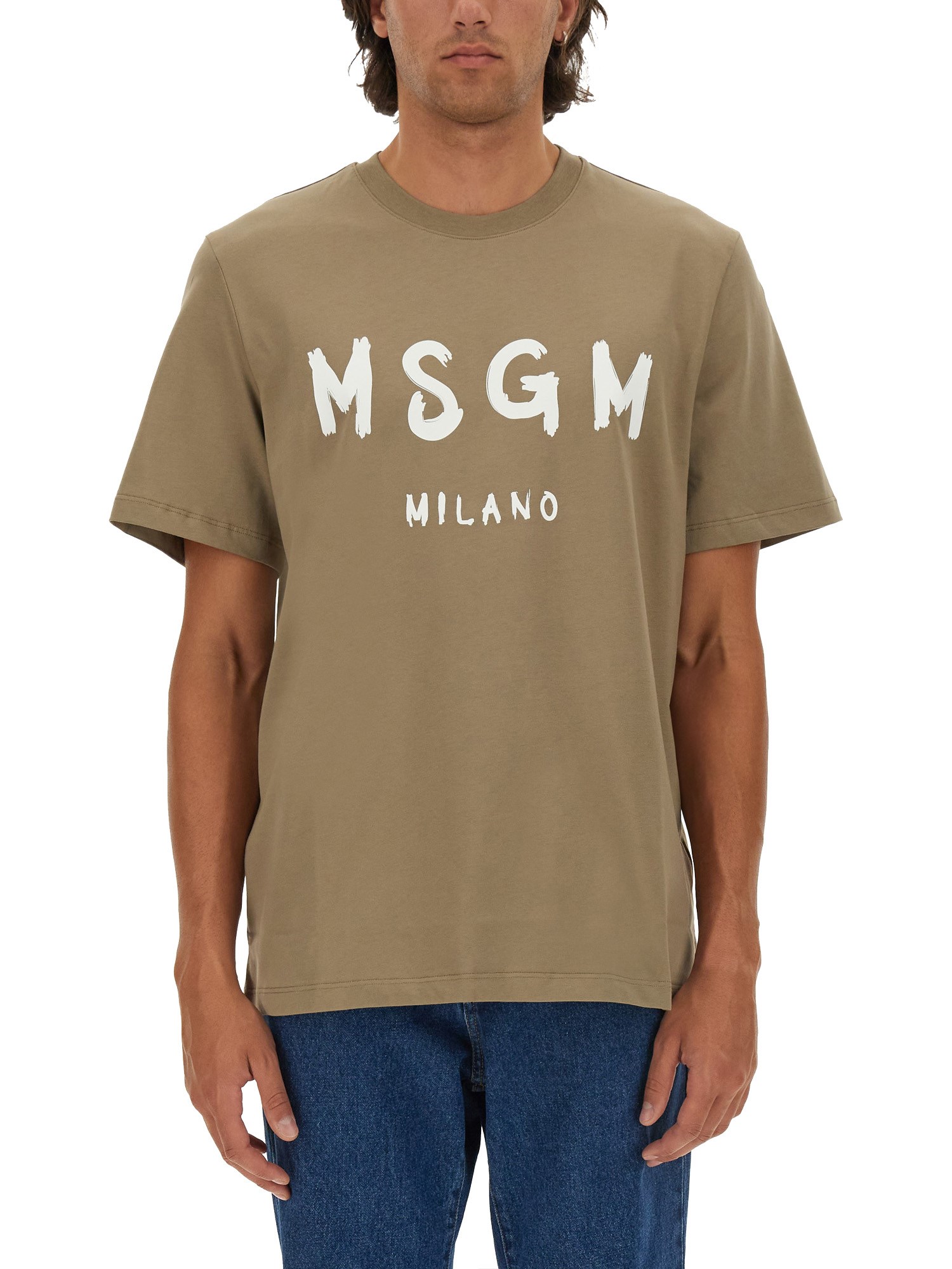 Shop Msgm T-shirt With Brushed Logo Print In Military Green