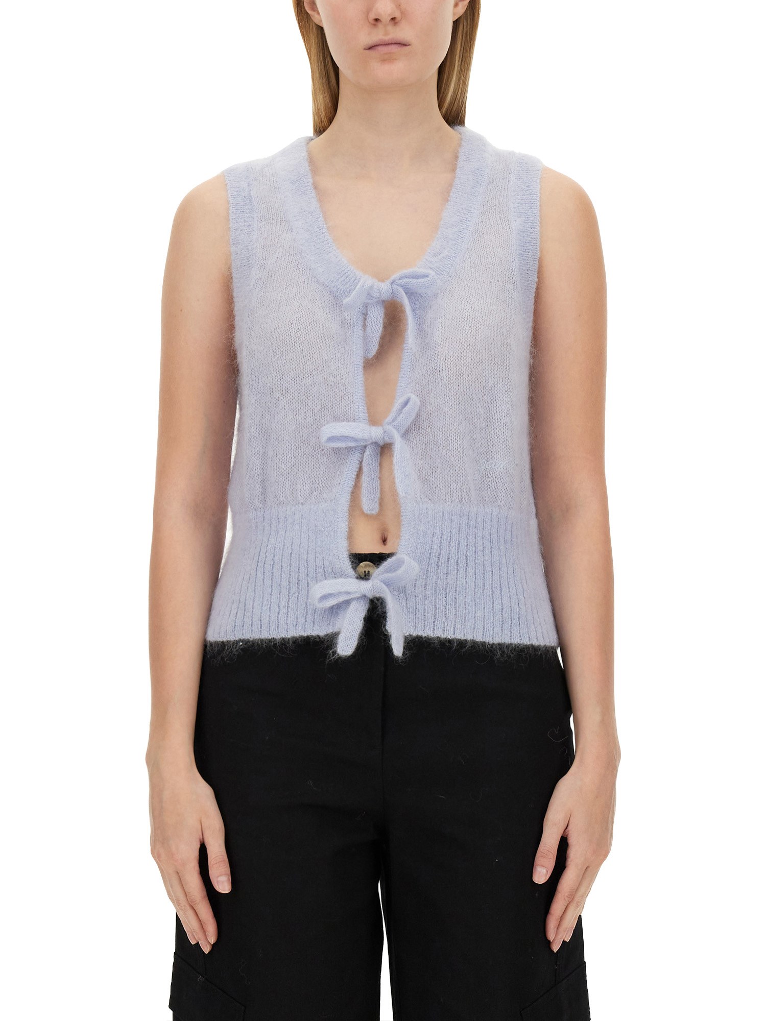 Shop Ganni Vest With Bow In Blue