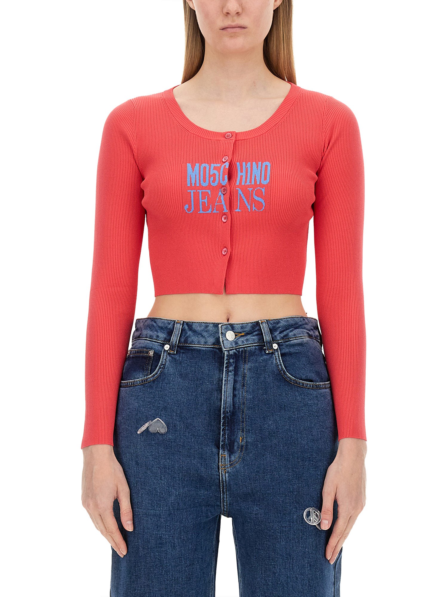 Shop Moschino Jeans Cropped Cardigan In White