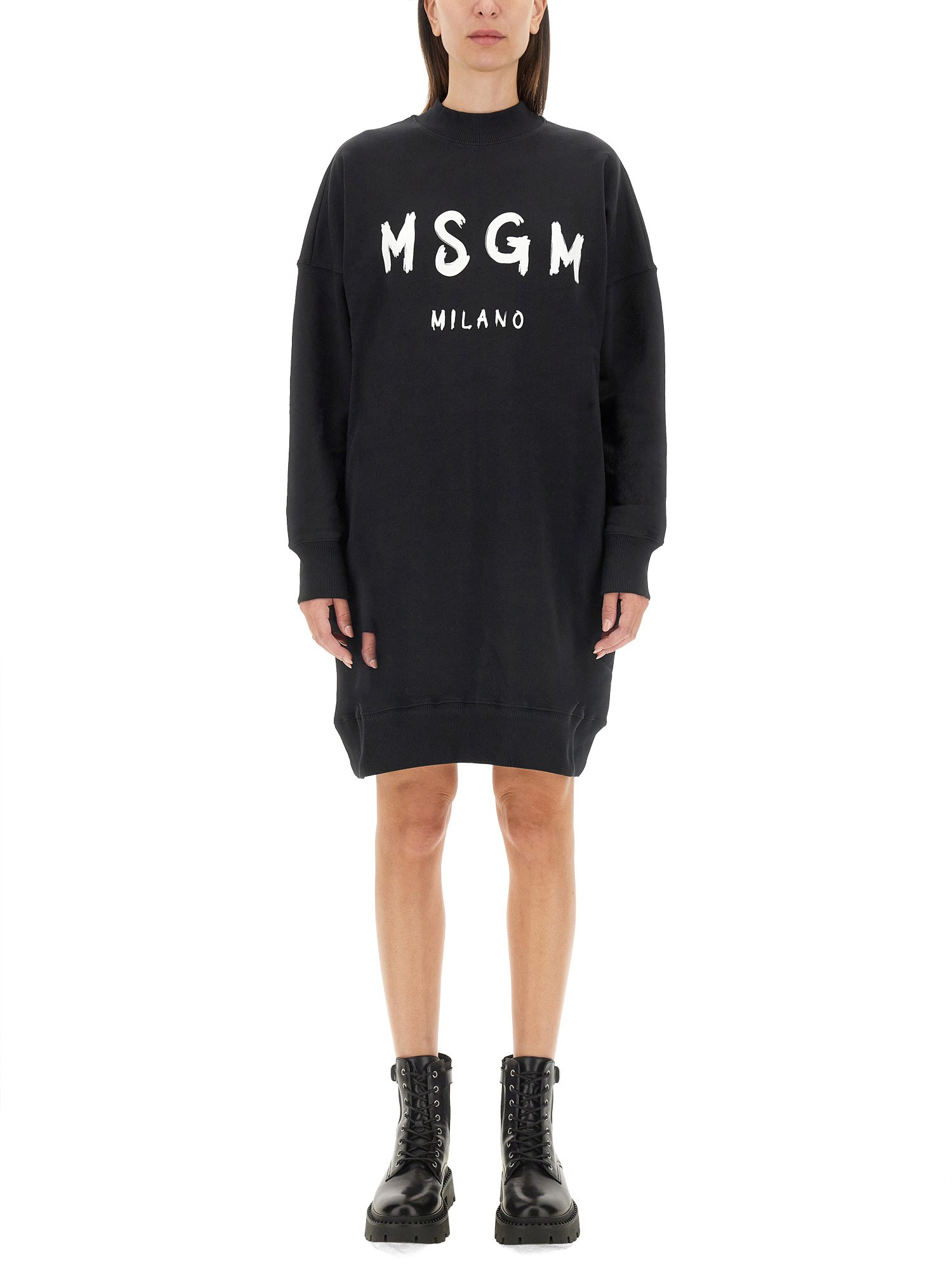 Msgm Brushed Detail Logo Dress In Black