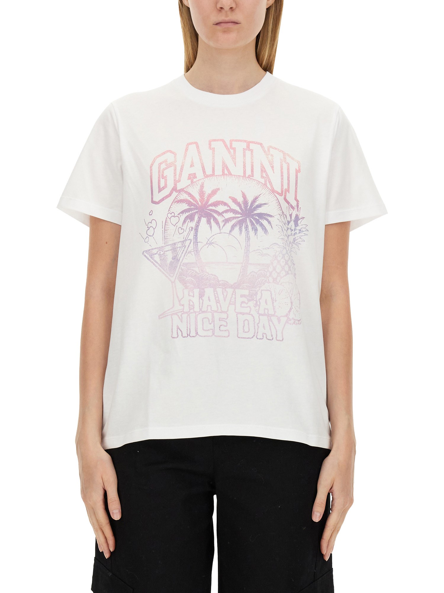 Shop Ganni Logo Print T-shirt In White