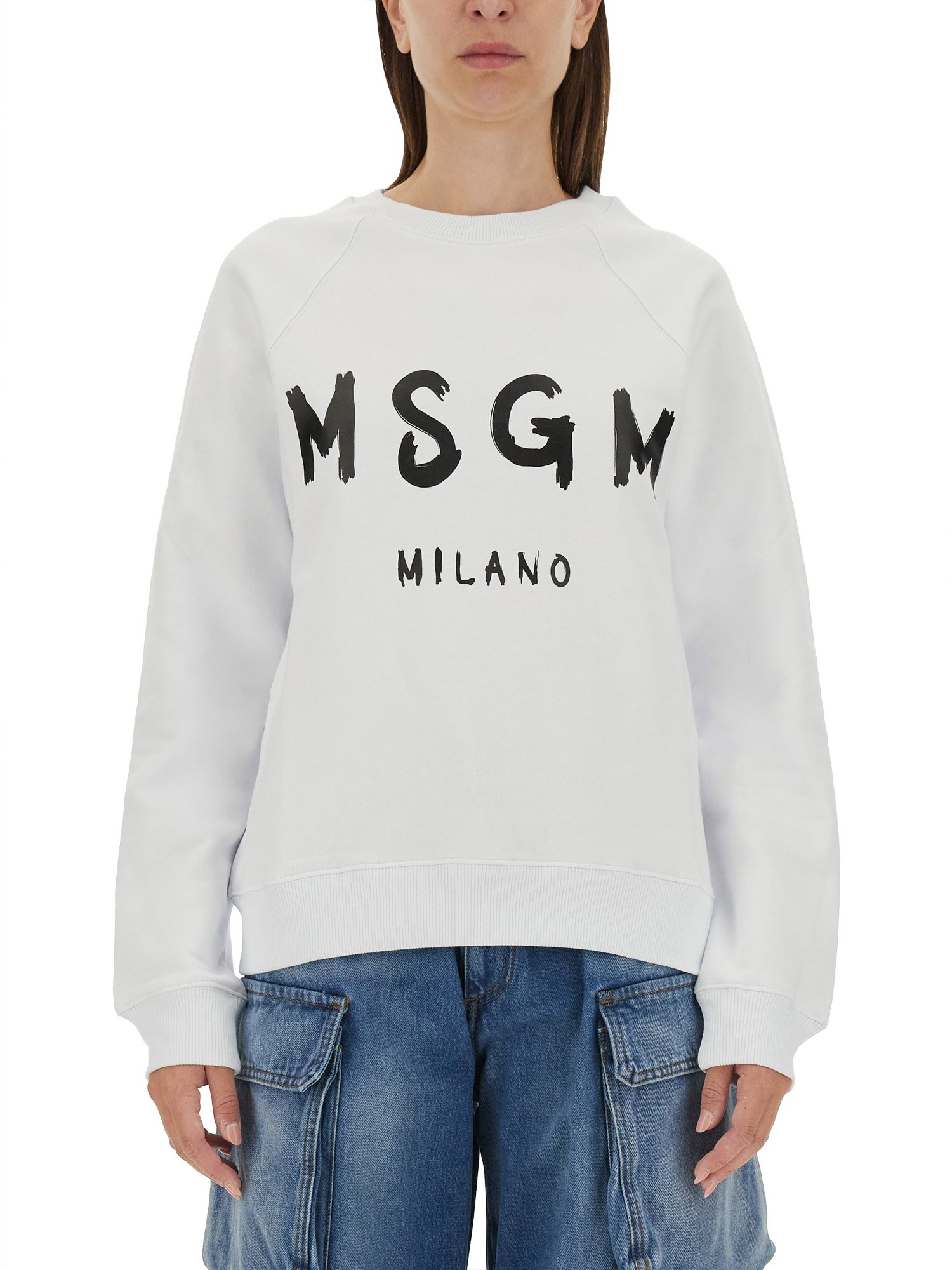Msgm Brushed Logo Print Crew Neck Sweatshirt In White