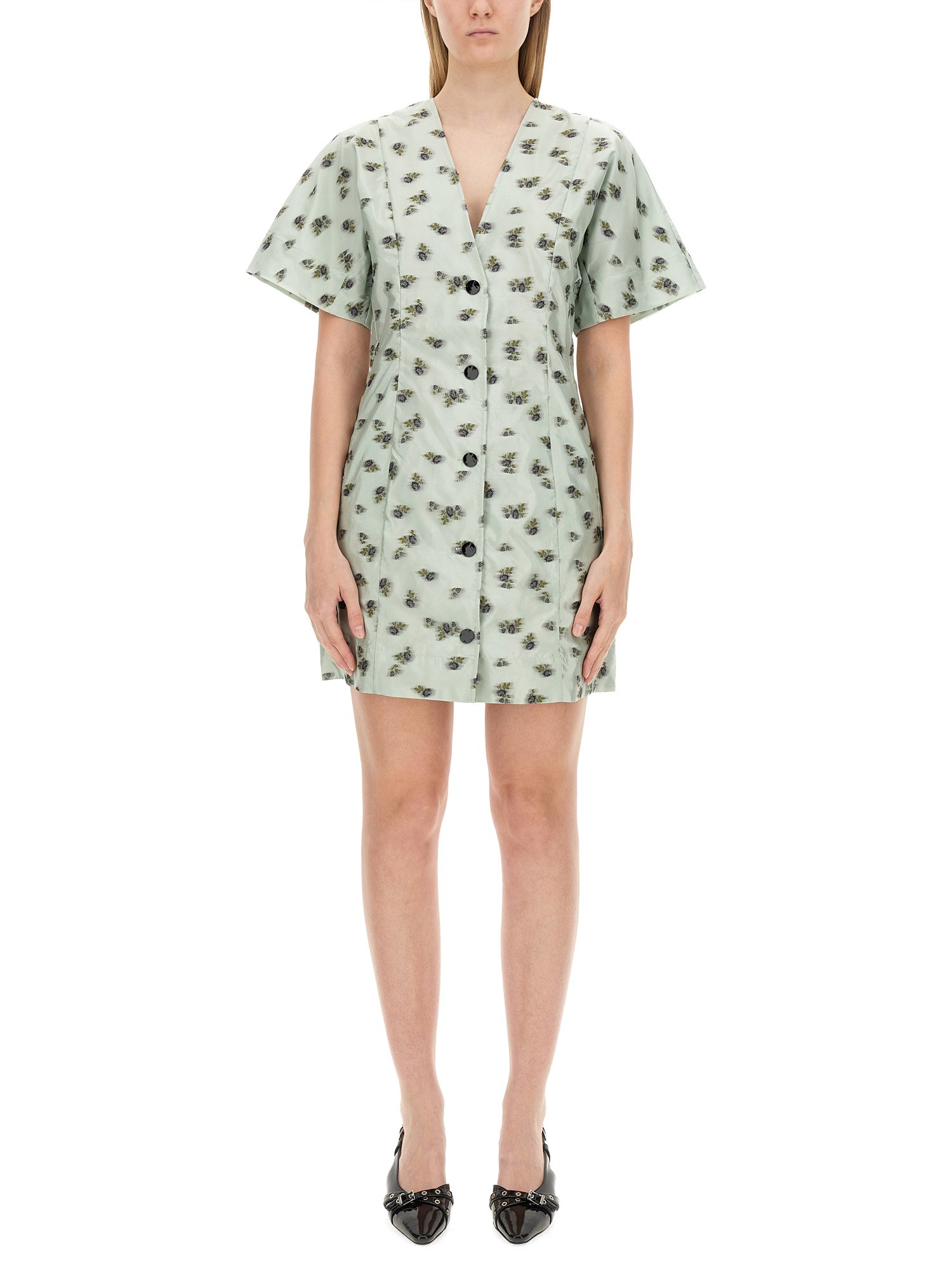 Ganni Grey Floral Printed Organza Jacquard Mini Dress In Green