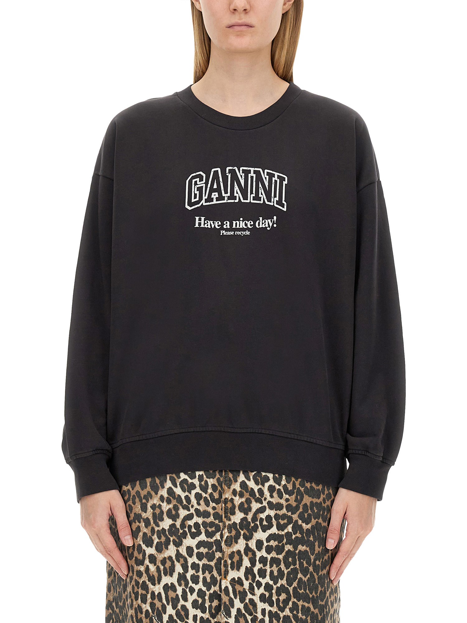 Ganni Logo-print Organic-cotton Sweatshirt In Black