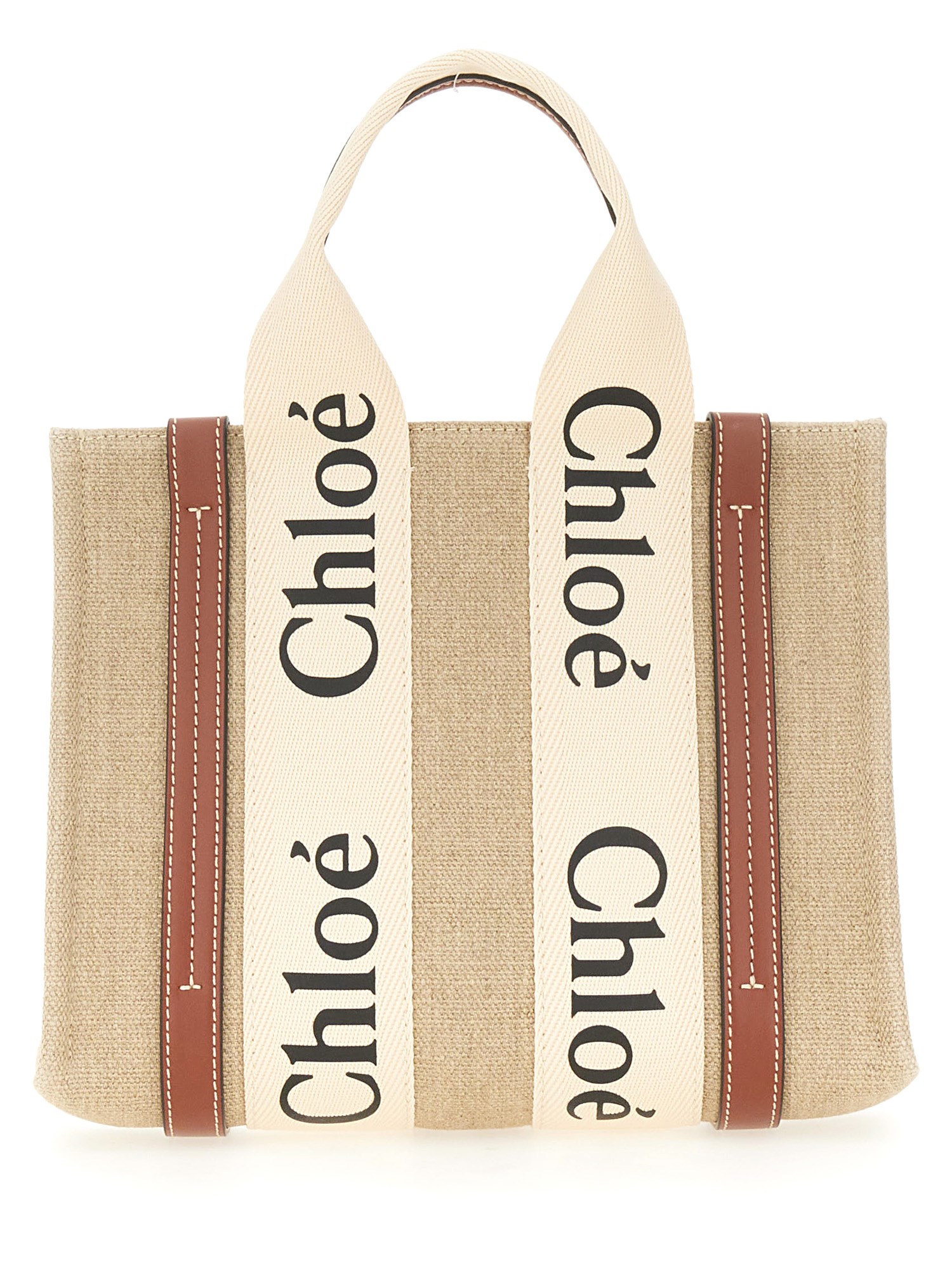 Shop Chloé Small "woody" Tote Bag In Beige