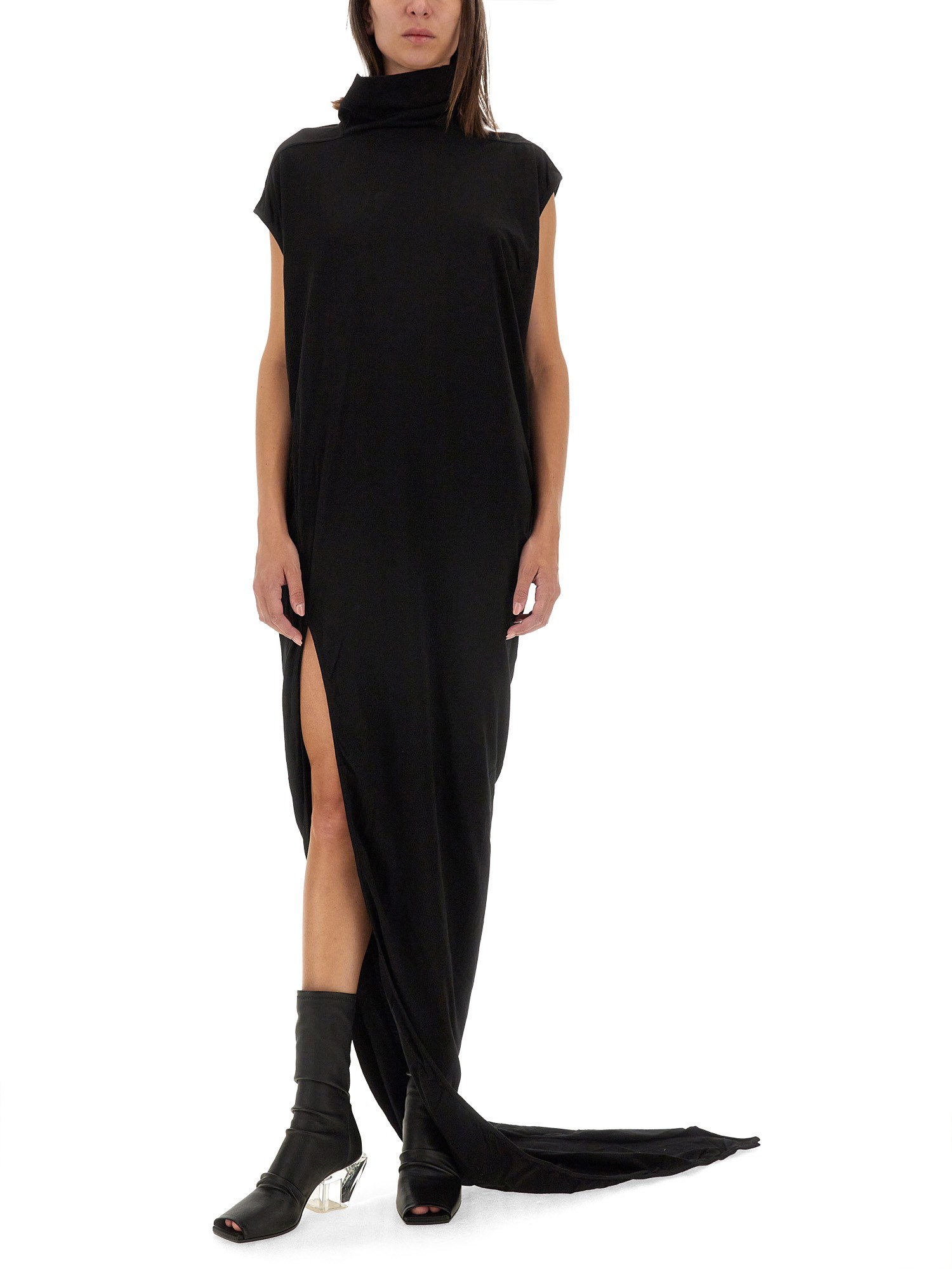 Rick Owens Drkshdw Long Dress With Cap Sleeves And Draped Detail In Black