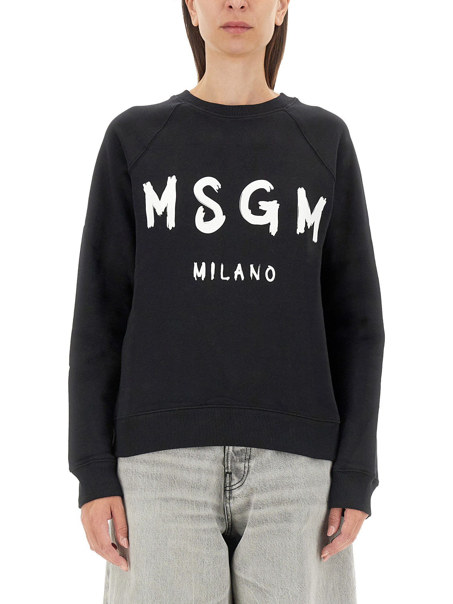 Shop Msgm Sweatshirt With Brushed Logo Print In Black