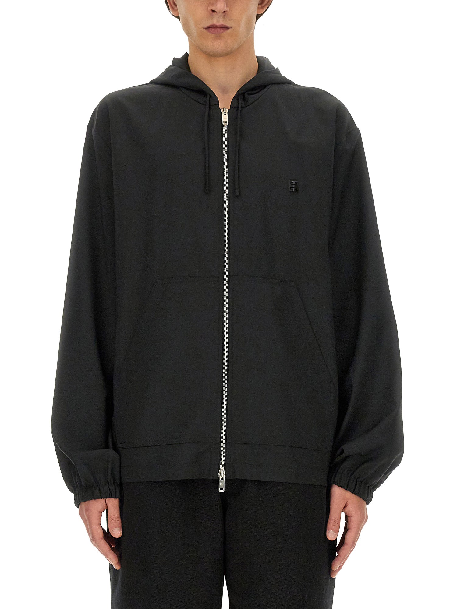 Givenchy Black Zip-up Hoodie With Logo Detail In Wool Man In Black